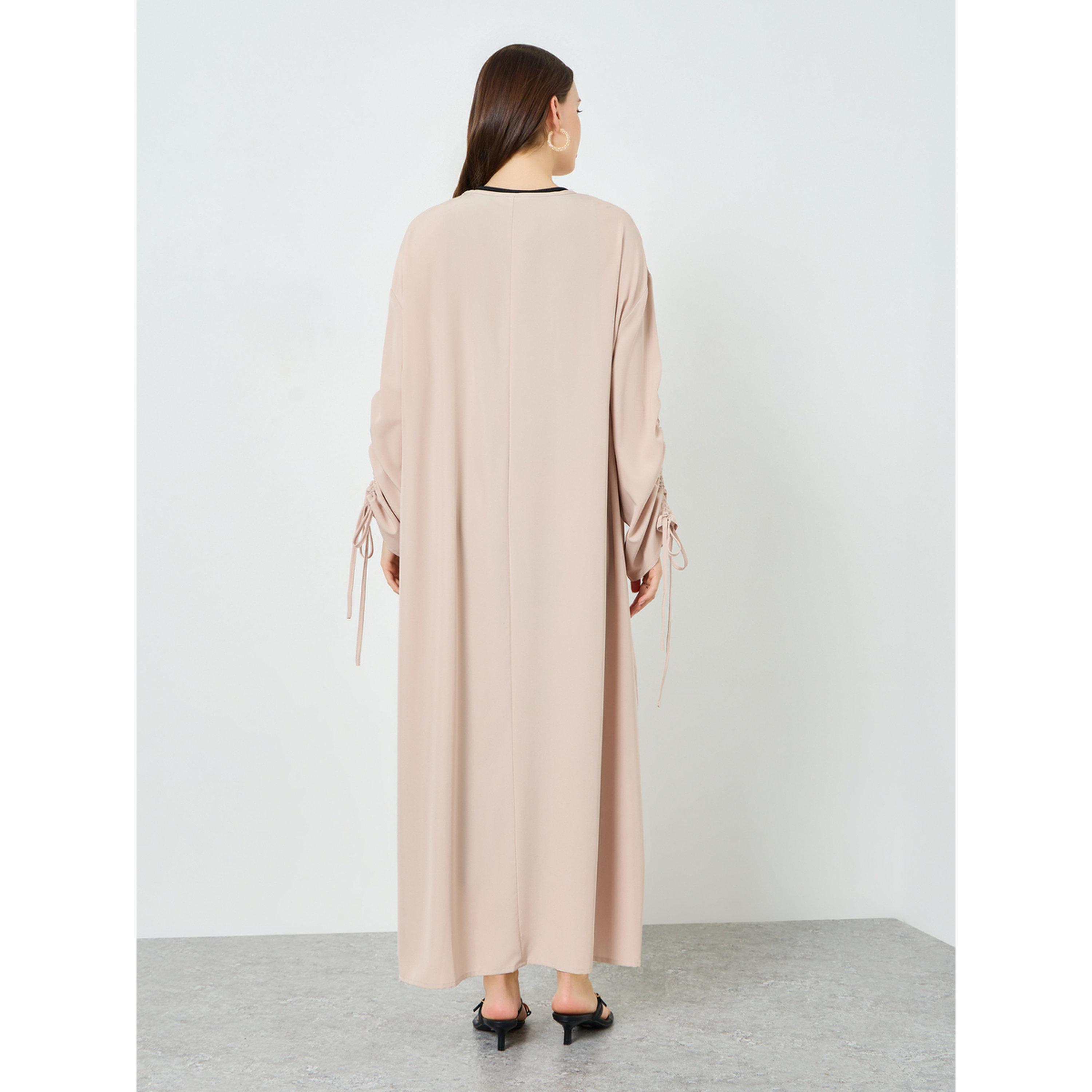 Styli Women Beige Drawstring Sleeve Front Tie Abaya-women-arabicclothing-abayas-image-5