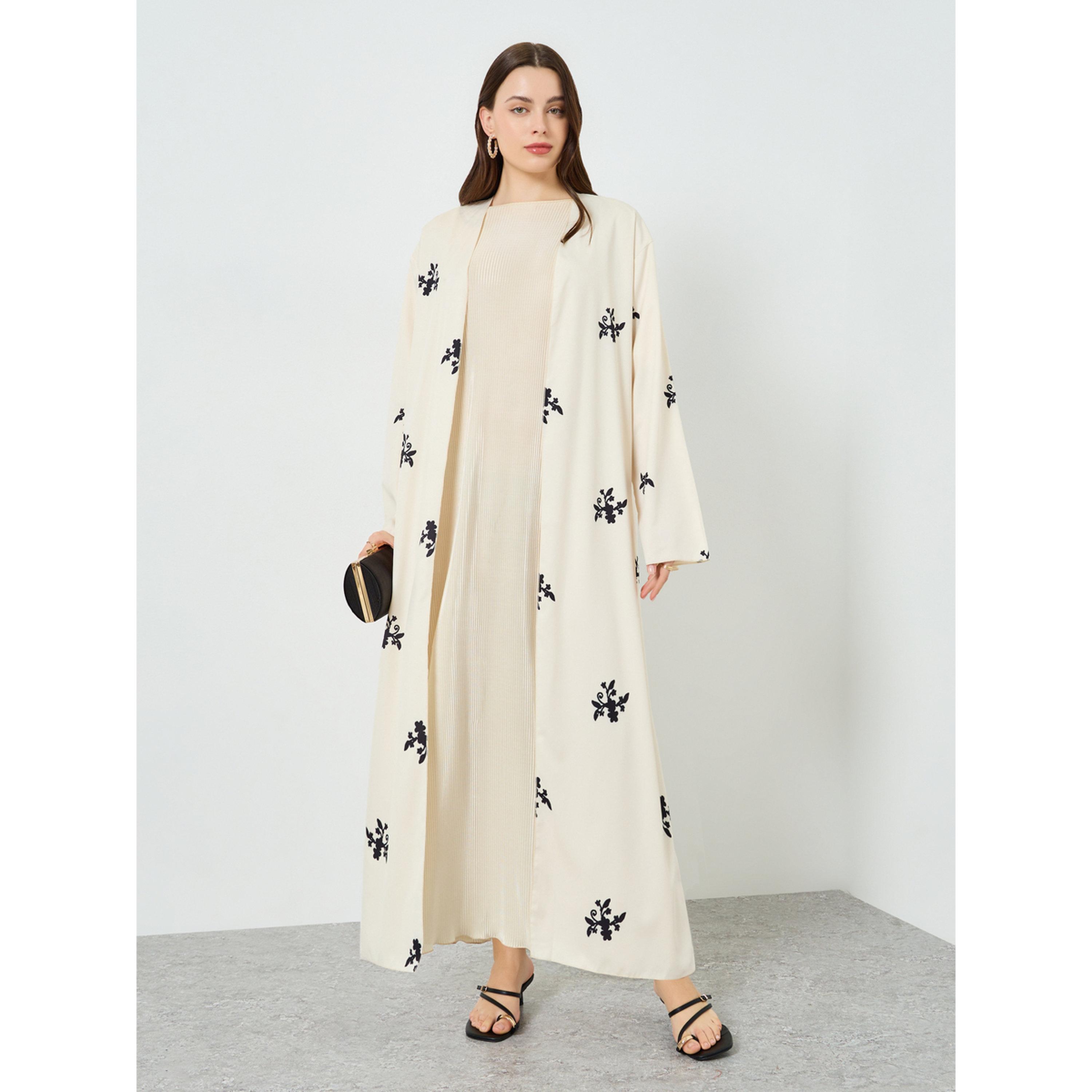 Styli Women Beige Floral Print Kimono Abaya-women-arabicclothing-abayas-image-1