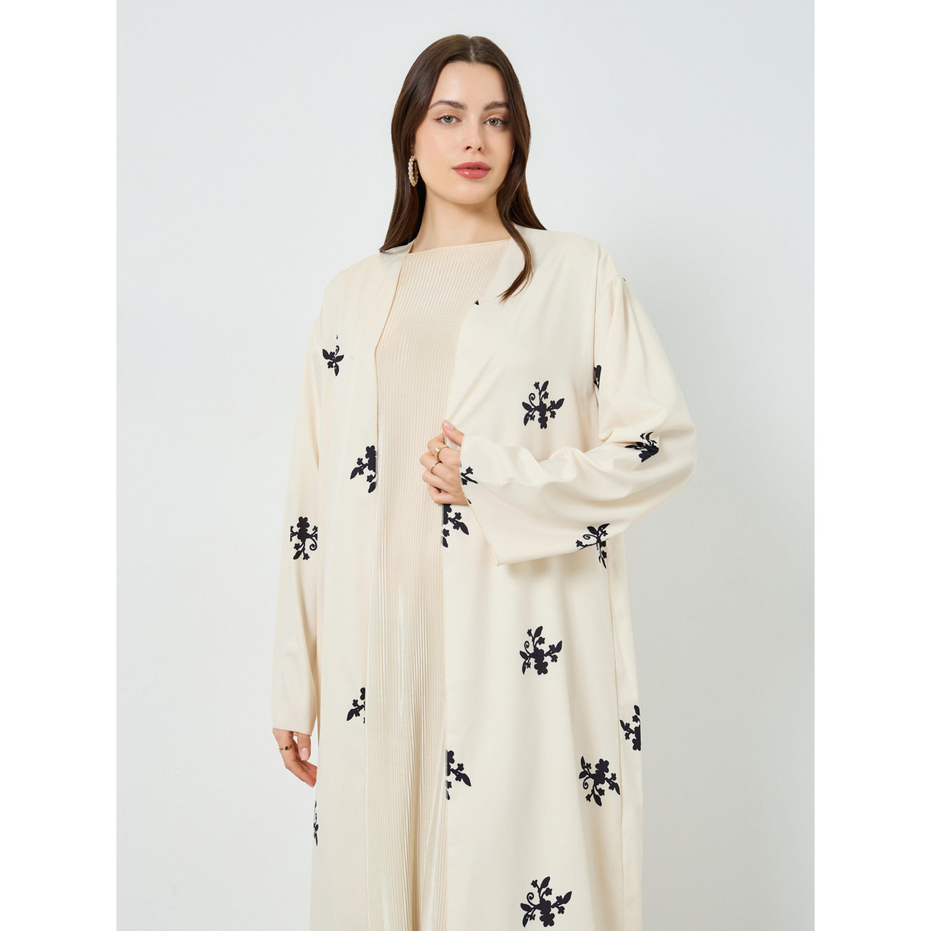 Styli Women Beige Floral Print Kimono Abaya-women-arabicclothing-abayas-image-2