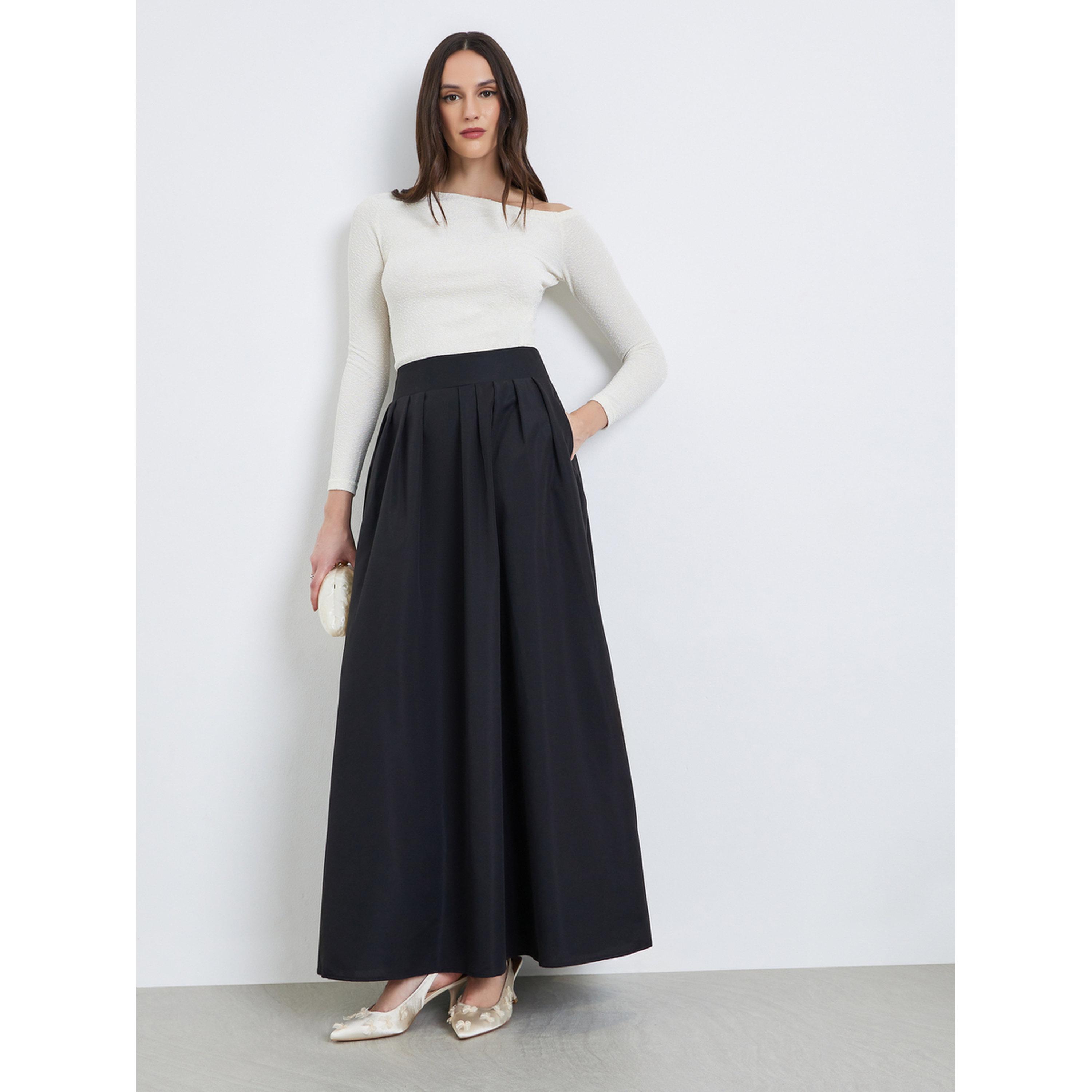 Styli Women Black Pleated A-Line Maxi Skirt-women-clothing-bottoms-skirts-image-2