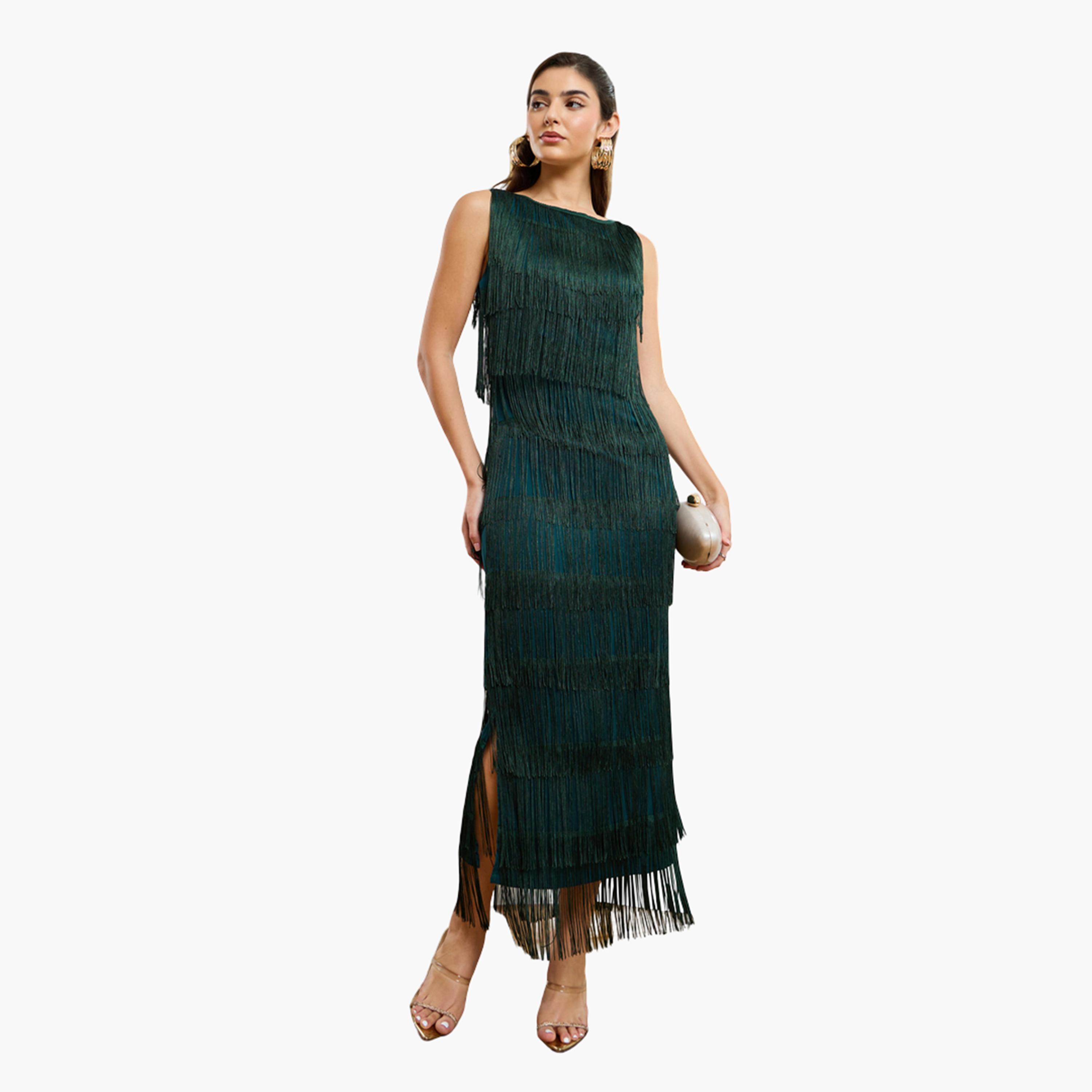 فستان طويل نسائي بلا أكمام مزين بشراشيب-women-clothing-dresses-image-1