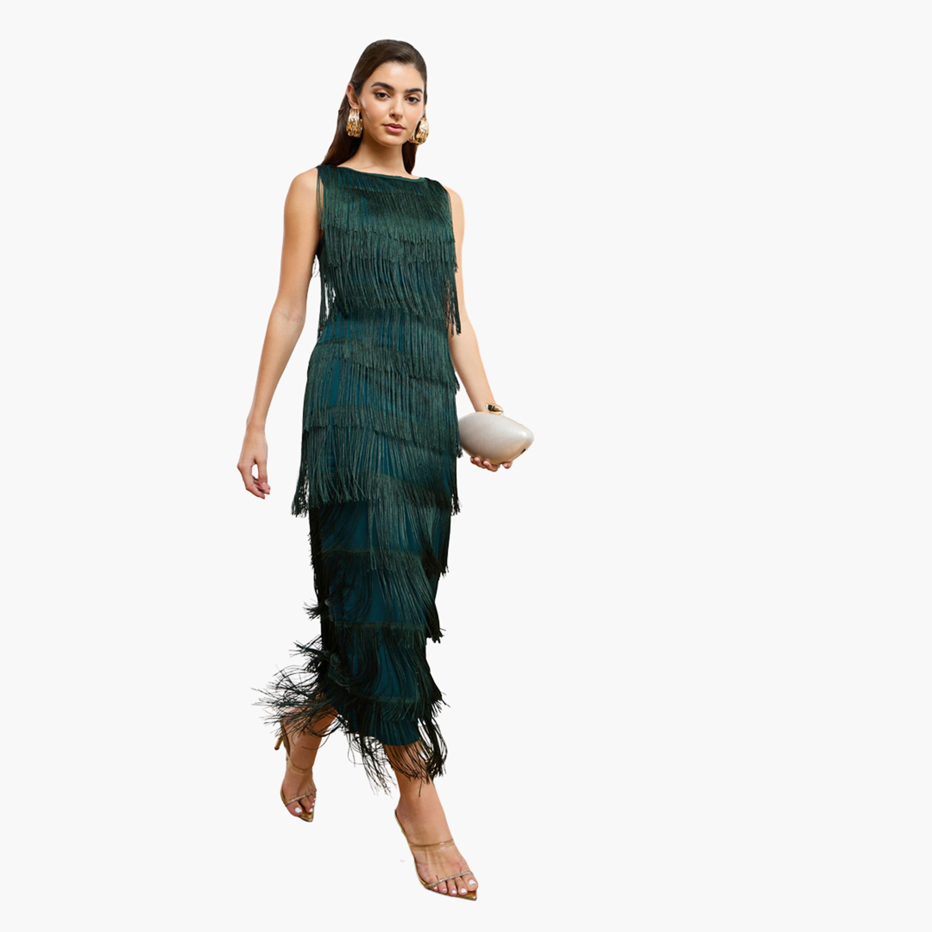 فستان طويل نسائي بلا أكمام مزين بشراشيب-women-clothing-dresses-image-2