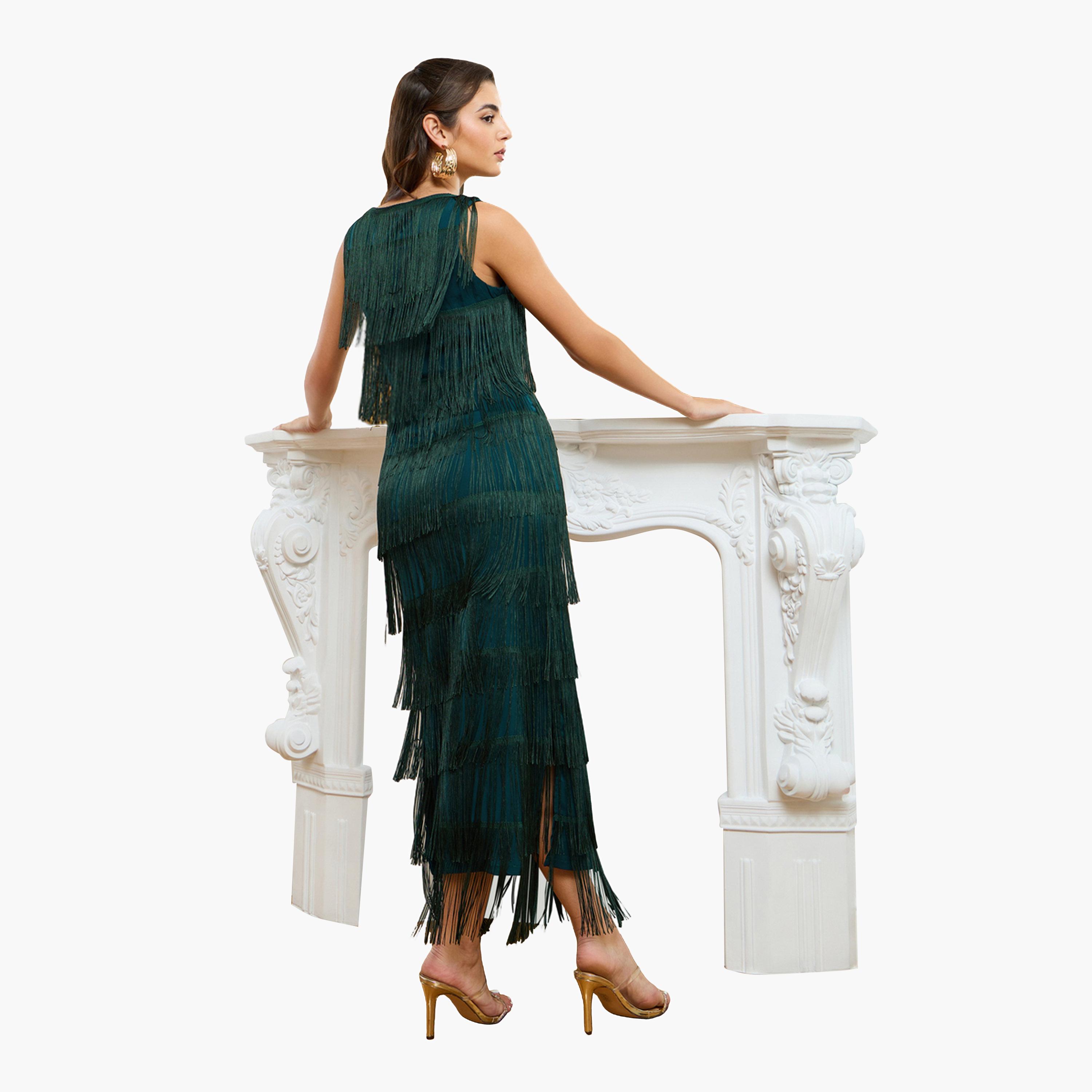 فستان طويل نسائي بلا أكمام مزين بشراشيب-women-clothing-dresses-image-3