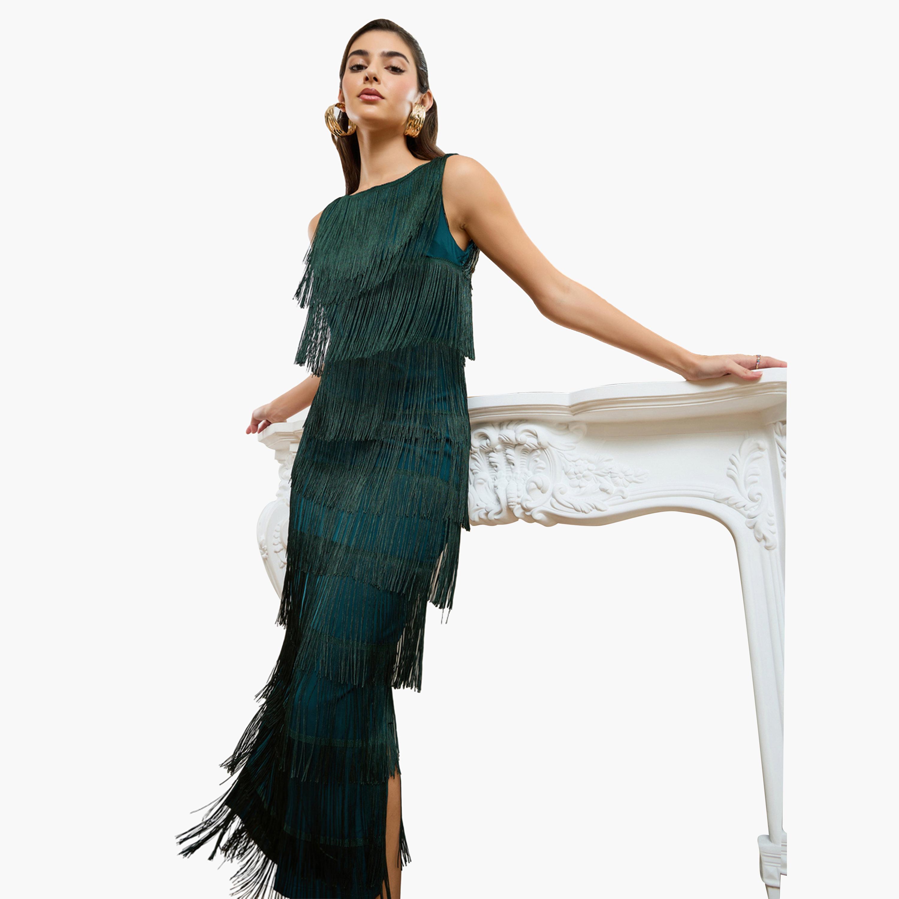 فستان طويل نسائي بلا أكمام مزين بشراشيب-women-clothing-dresses-image-4