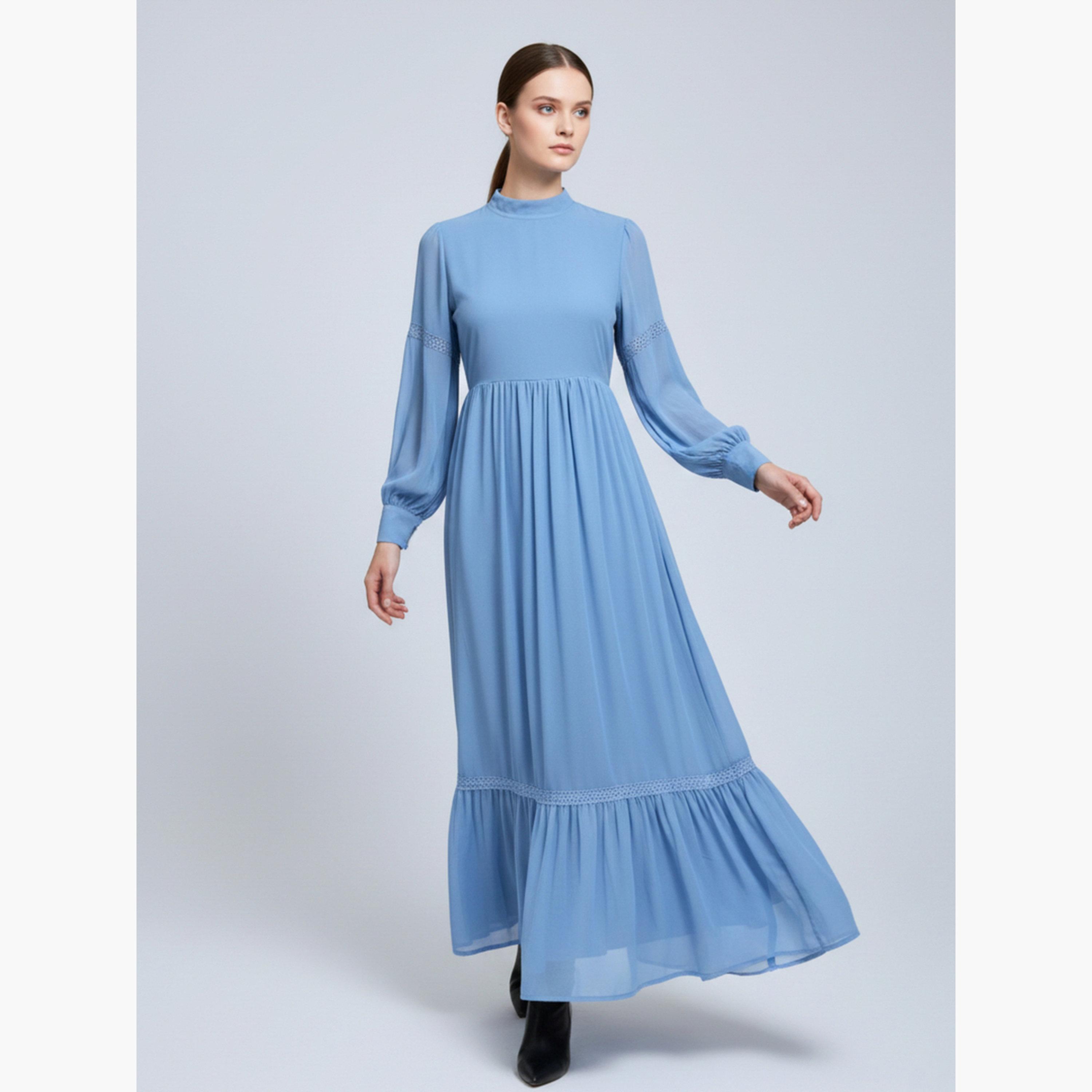 فستان طويل بكشكش وأكمام طويلة بحواف مطاطية للنساء-women-clothing-dresses-image-1