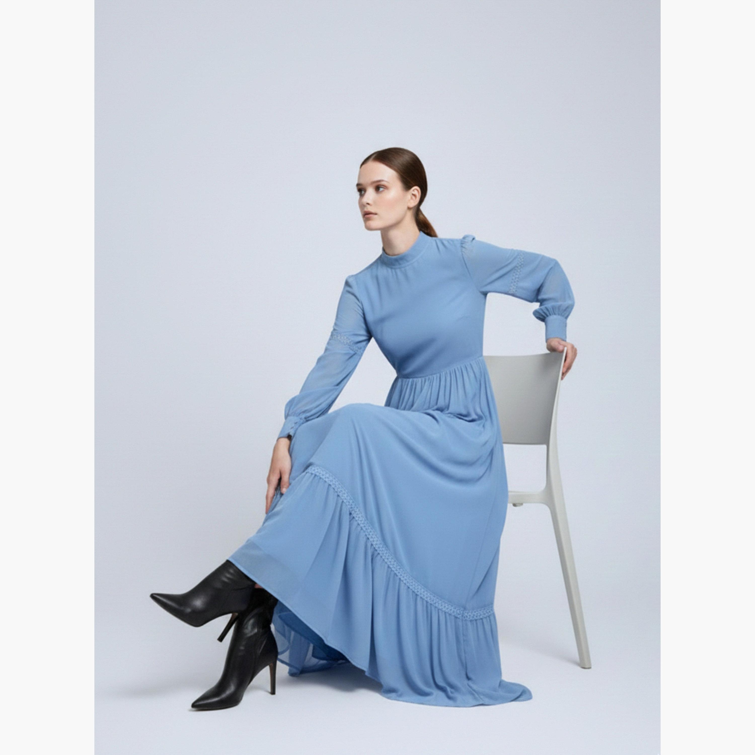 فستان طويل بكشكش وأكمام طويلة بحواف مطاطية للنساء-women-clothing-dresses-image-2