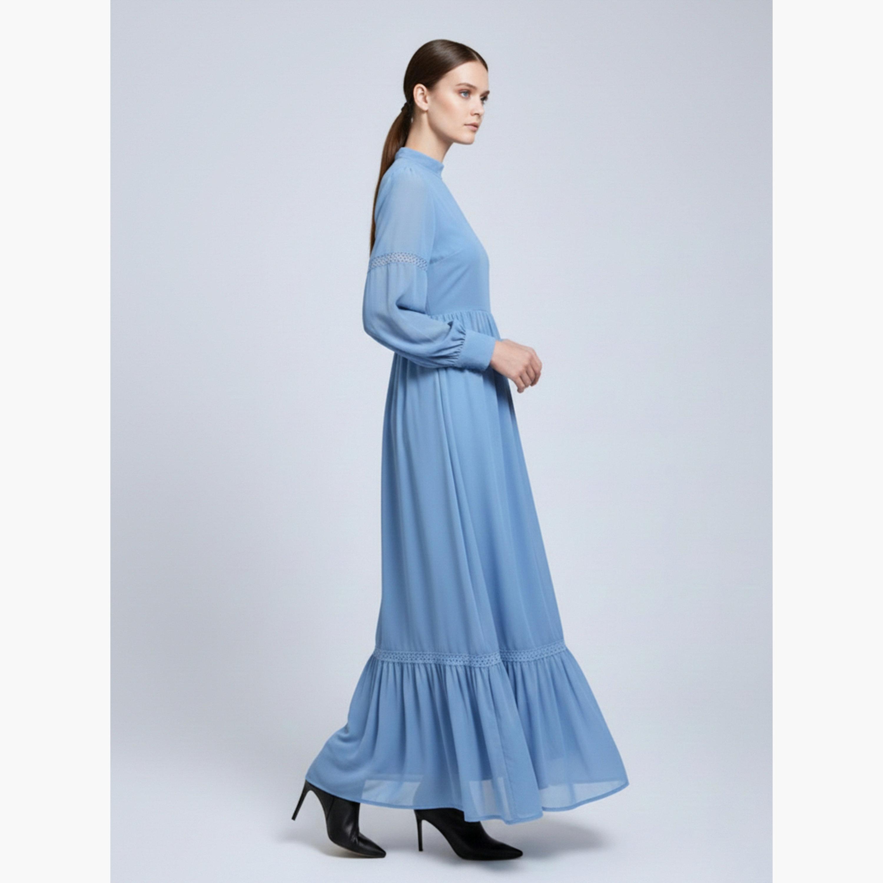 فستان طويل بكشكش وأكمام طويلة بحواف مطاطية للنساء-women-clothing-dresses-image-3
