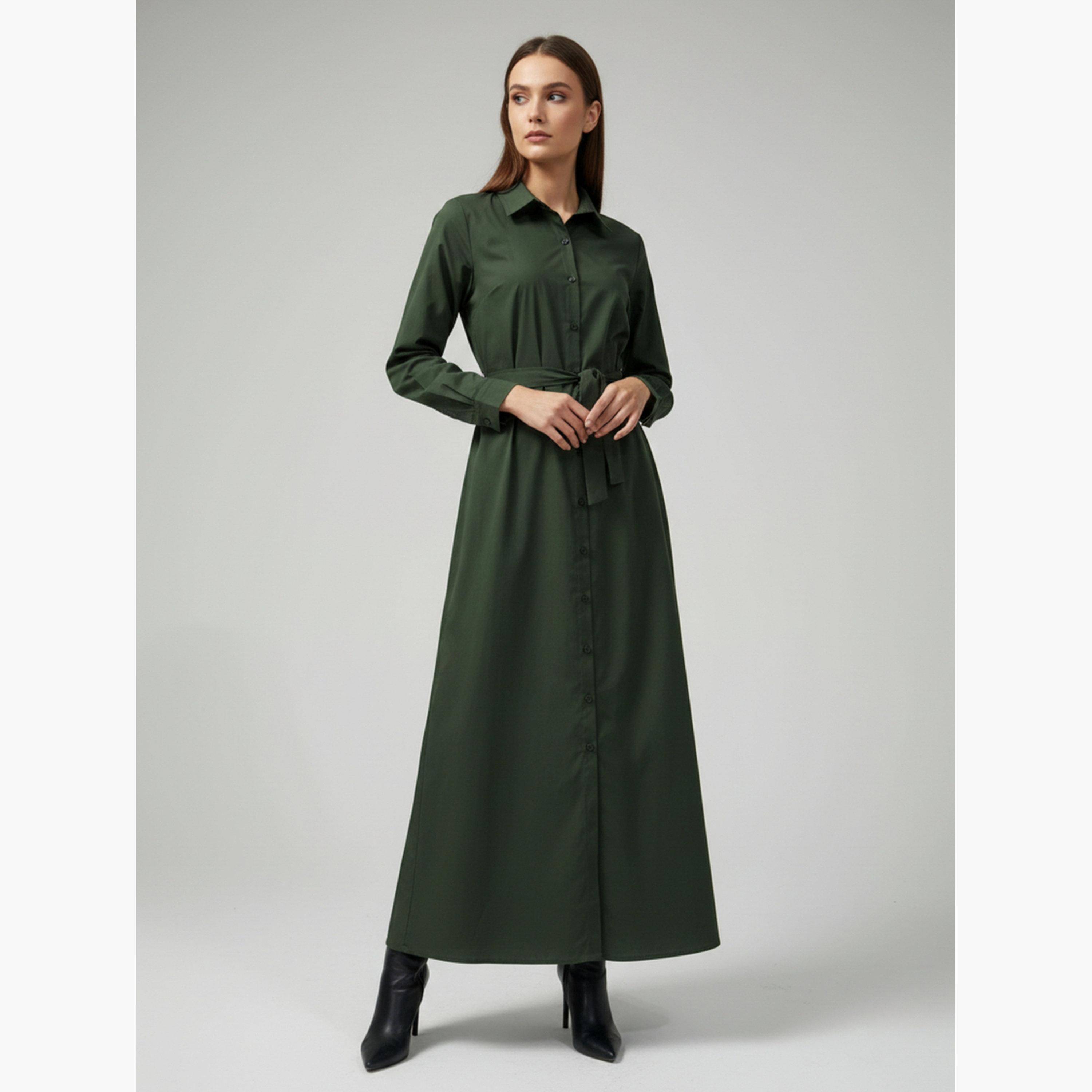 HOUSE OF RAELI X Styli Women Olive Cotton Collared Shirt Maxi Dress-women-clothing-dresses-image-1