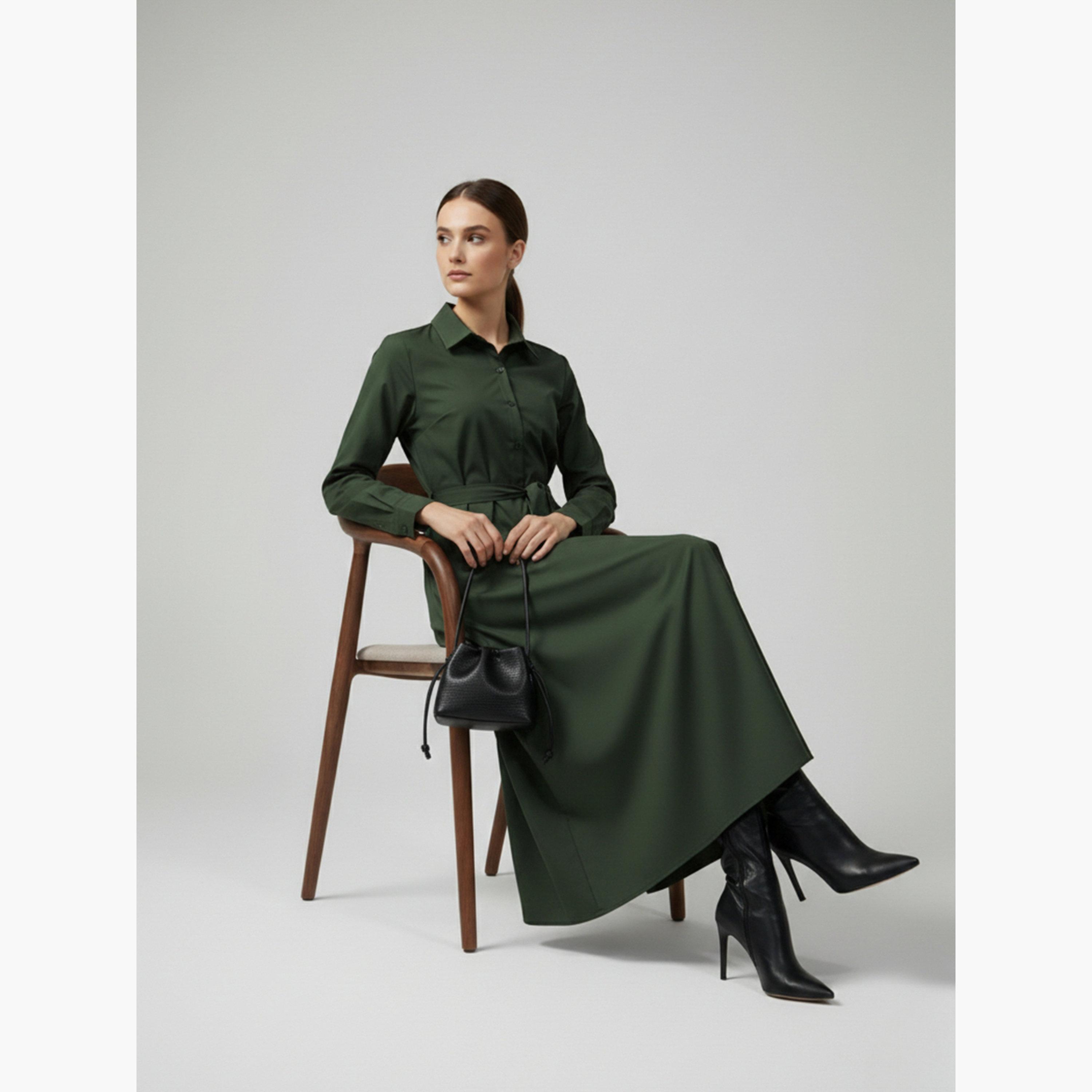 HOUSE OF RAELI X Styli Women Olive Cotton Collared Shirt Maxi Dress-women-clothing-dresses-image-2