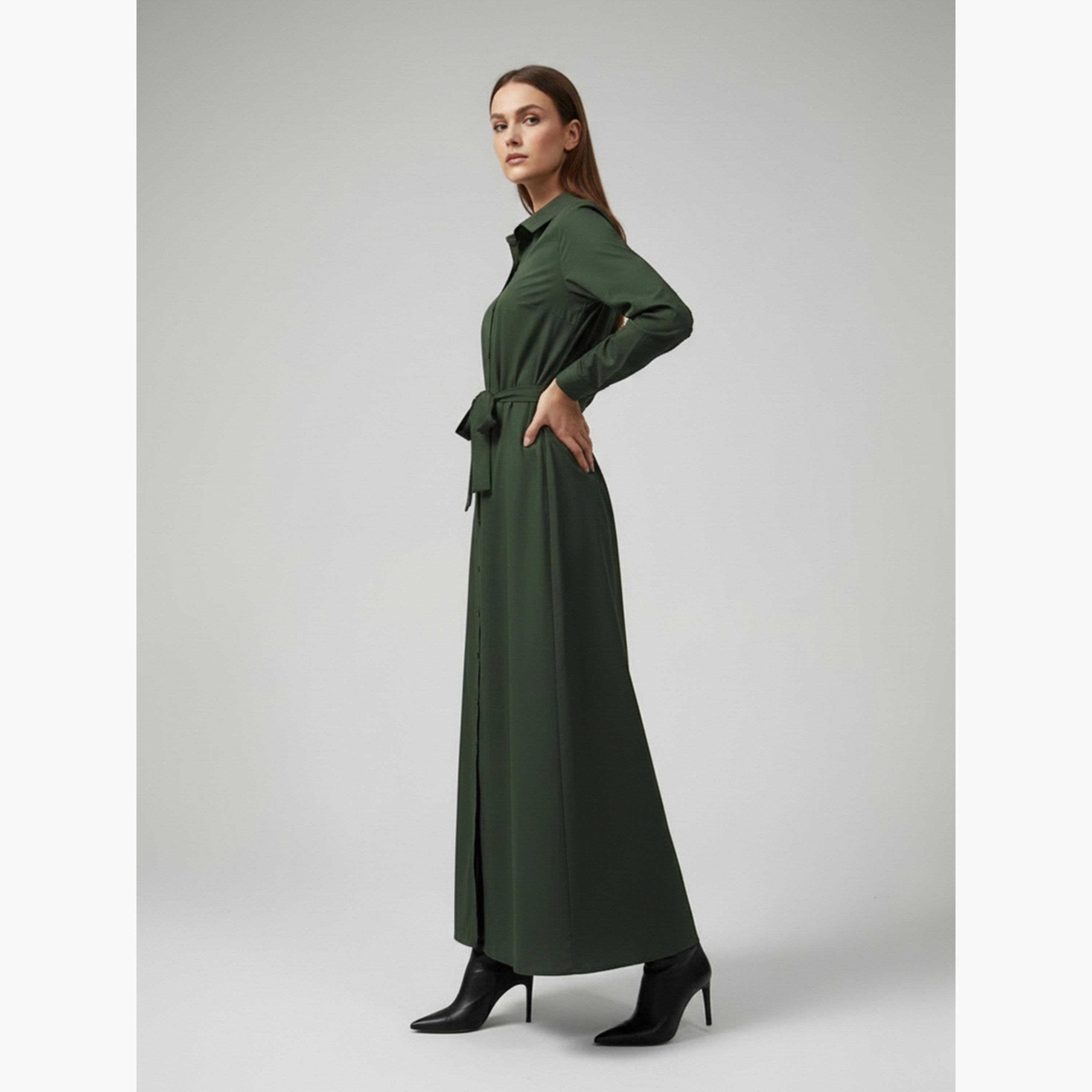 HOUSE OF RAELI X Styli Women Olive Cotton Collared Shirt Maxi Dress-women-clothing-dresses-image-3