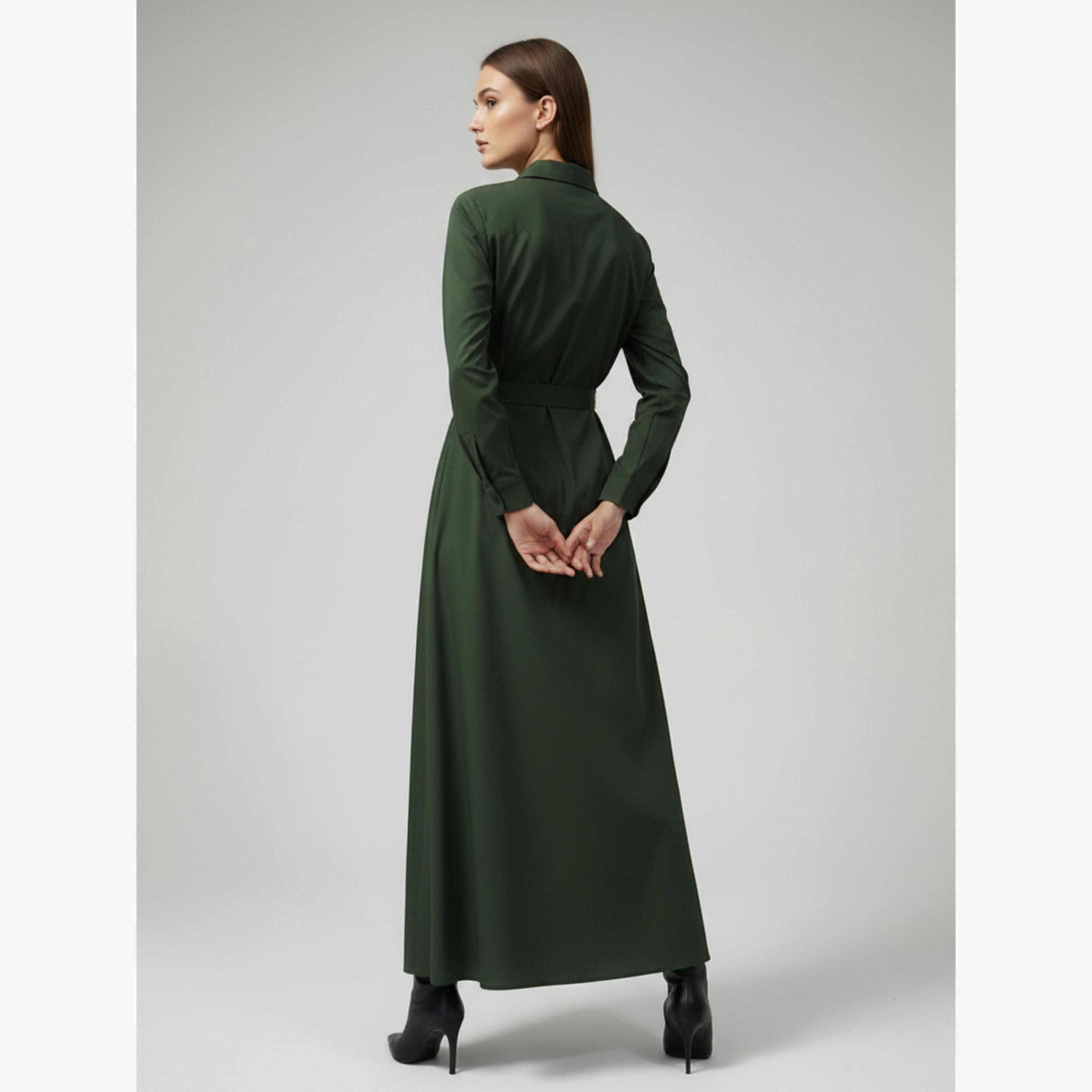 HOUSE OF RAELI X Styli Women Olive Cotton Collared Shirt Maxi Dress-women-clothing-dresses-image-4