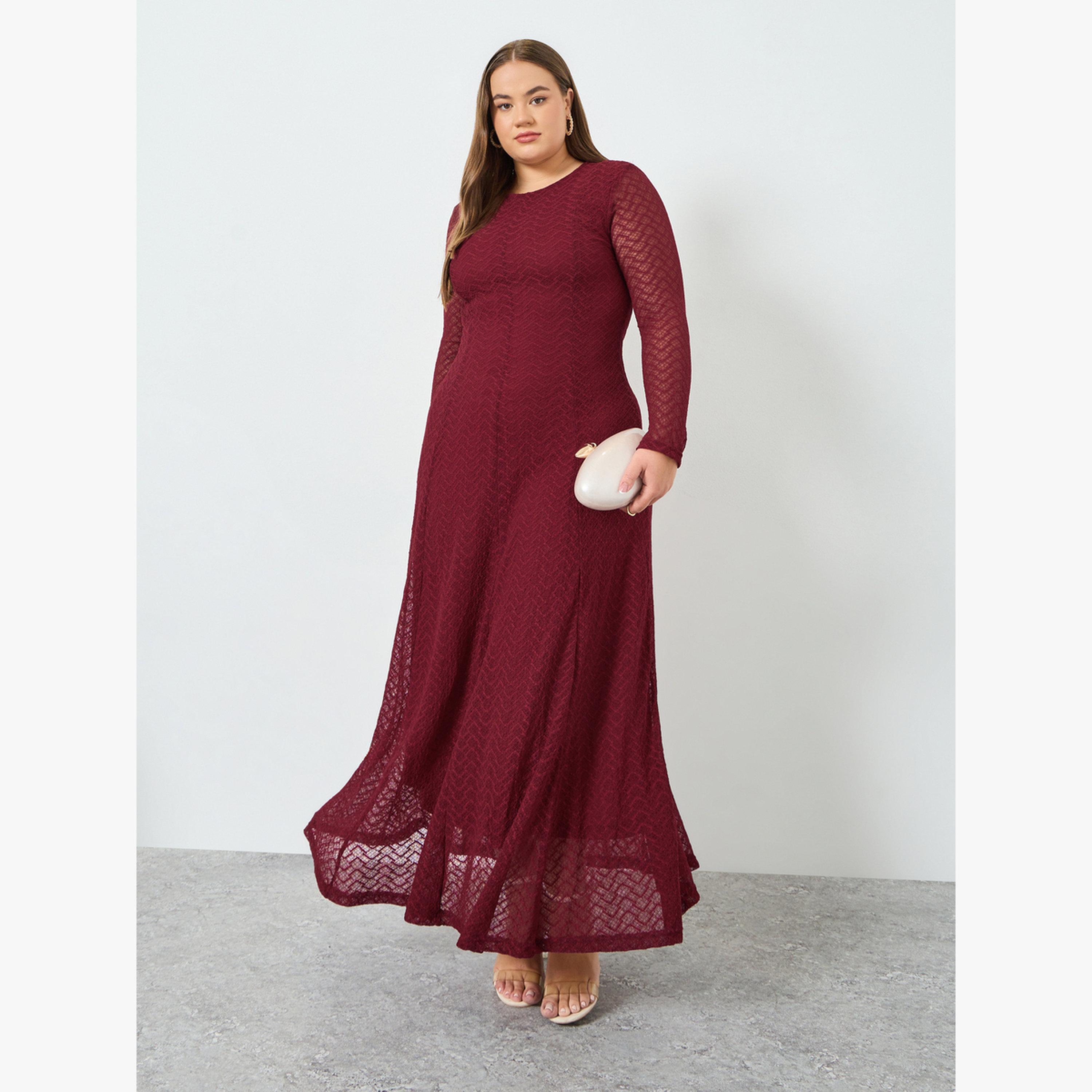 فستان طويل مقاس كبير بتفاصيل دانتيل وحافة واسعة-women-clothing-dresses-image-1