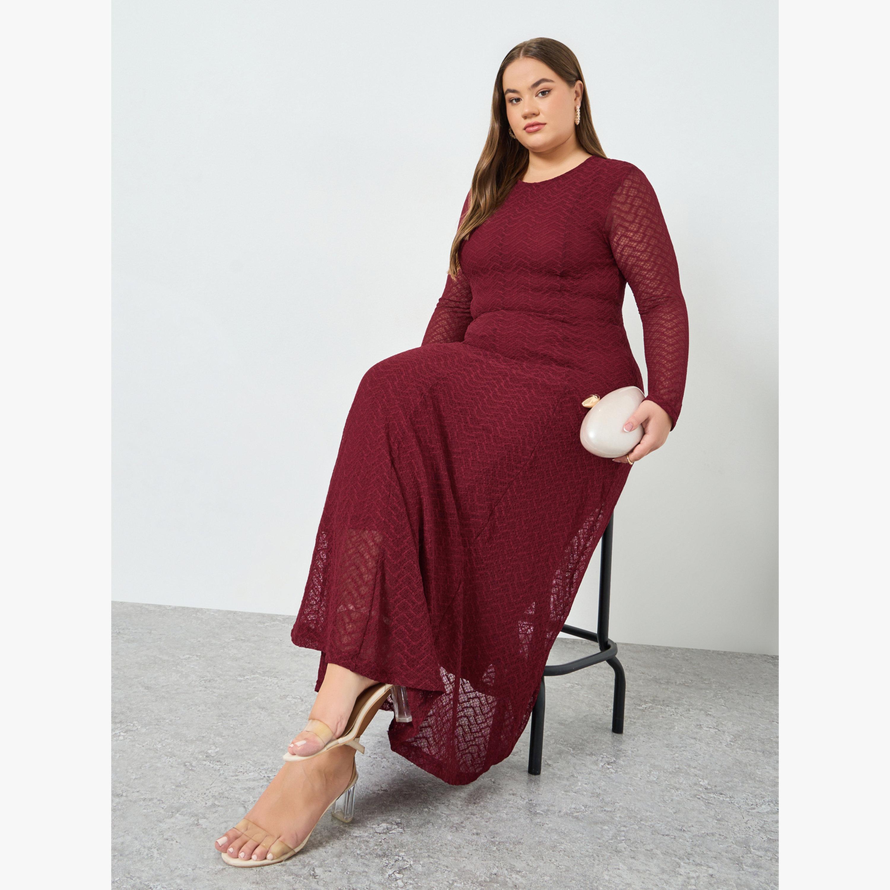 فستان طويل مقاس كبير بتفاصيل دانتيل وحافة واسعة-women-clothing-dresses-image-2