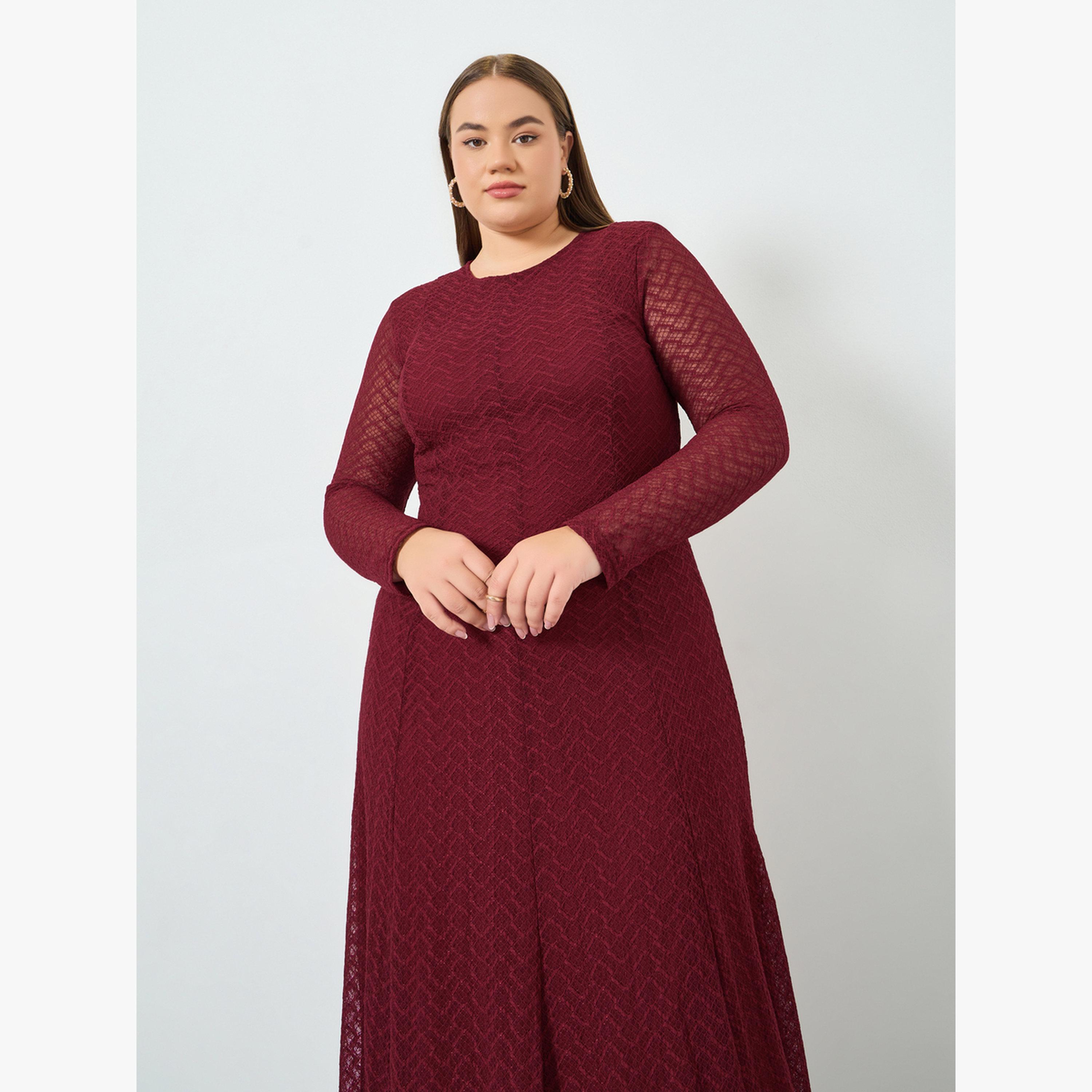 Styli Plus Size Burgundy Lace Insert A-Line Maxi Dress-women-clothing-dresses-image-3
