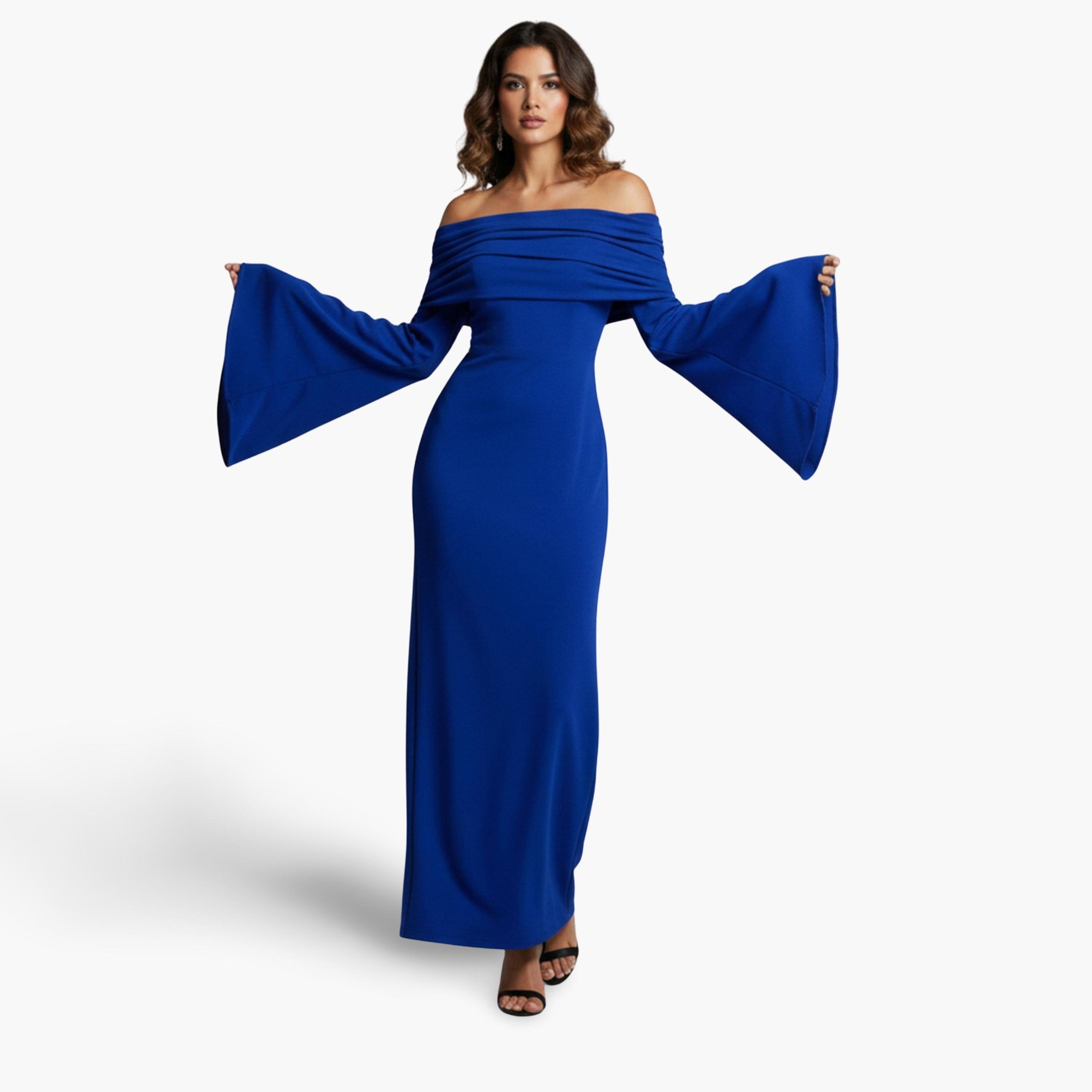 HOUSE OF RAELI X Styli Women Blue Bell Sleeve Bodycon Maxi Dress-women-clothing-dresses-image-1