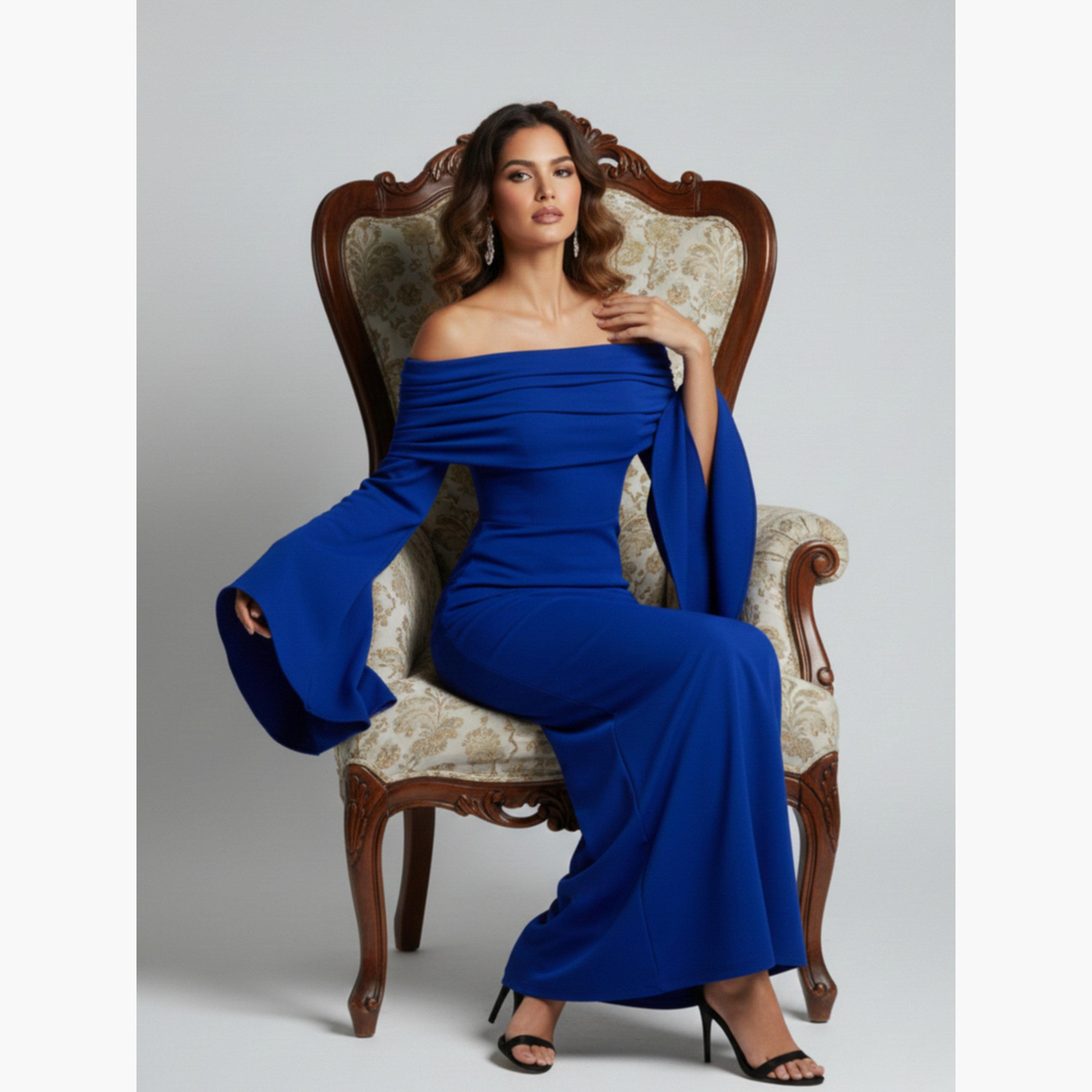 HOUSE OF RAELI X Styli Women Blue Bell Sleeve Bodycon Maxi Dress-women-clothing-dresses-image-3