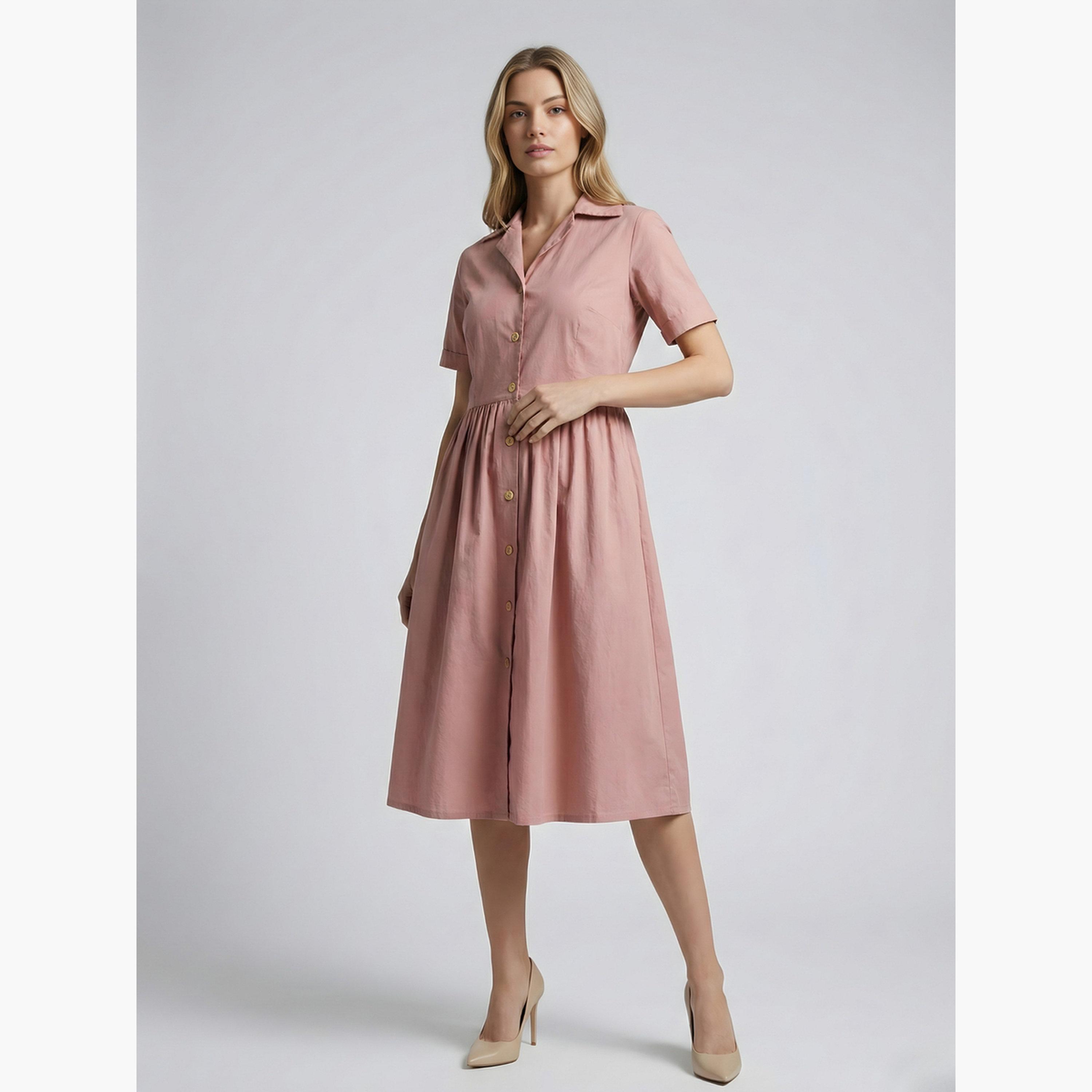 فستان ميدي قطن بوبلين للنساء-women-clothing-dresses-image-1