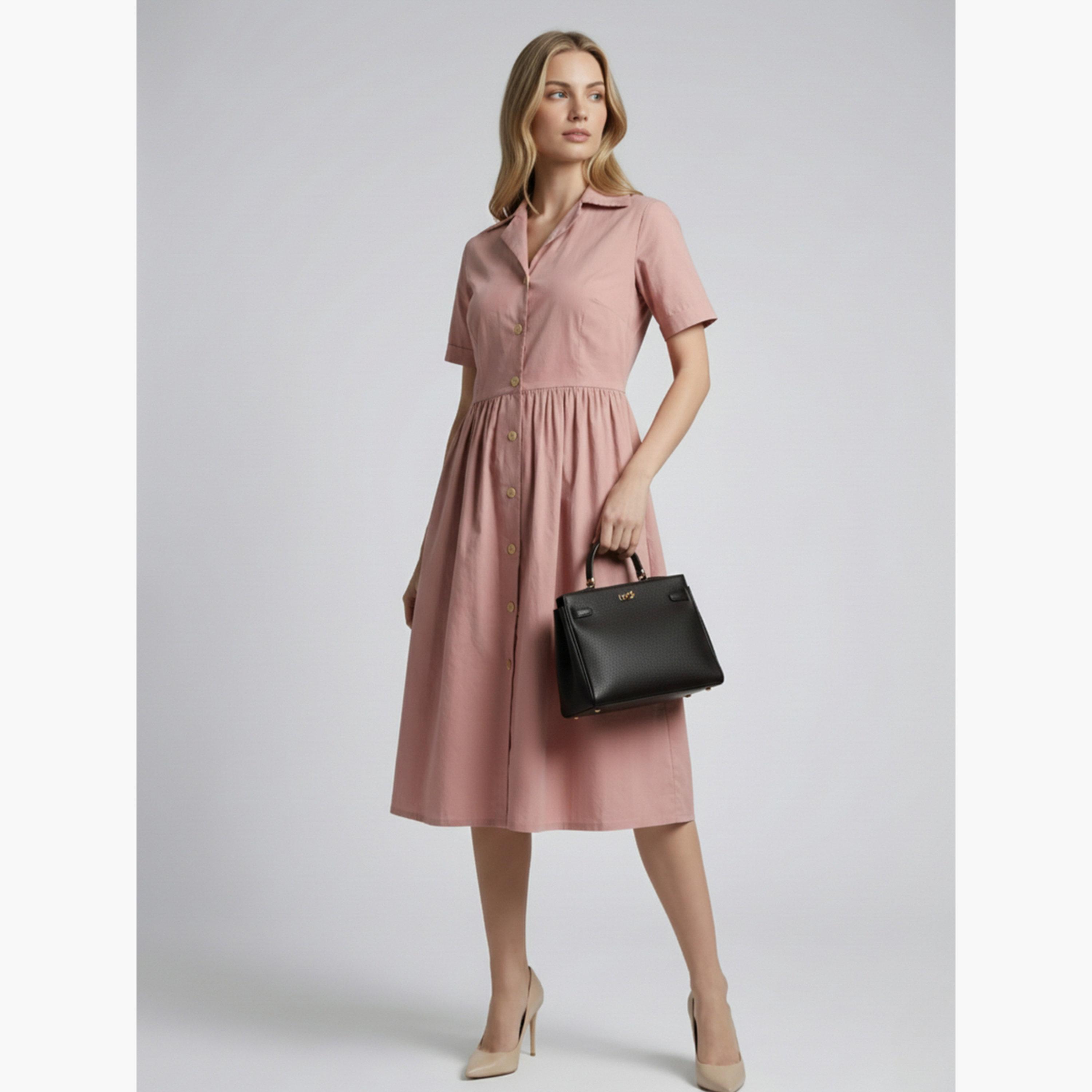 HOUSE OF RAELI X Styli Women Pink Cotton Poplin Midi Dress-women-clothing-dresses-image-2