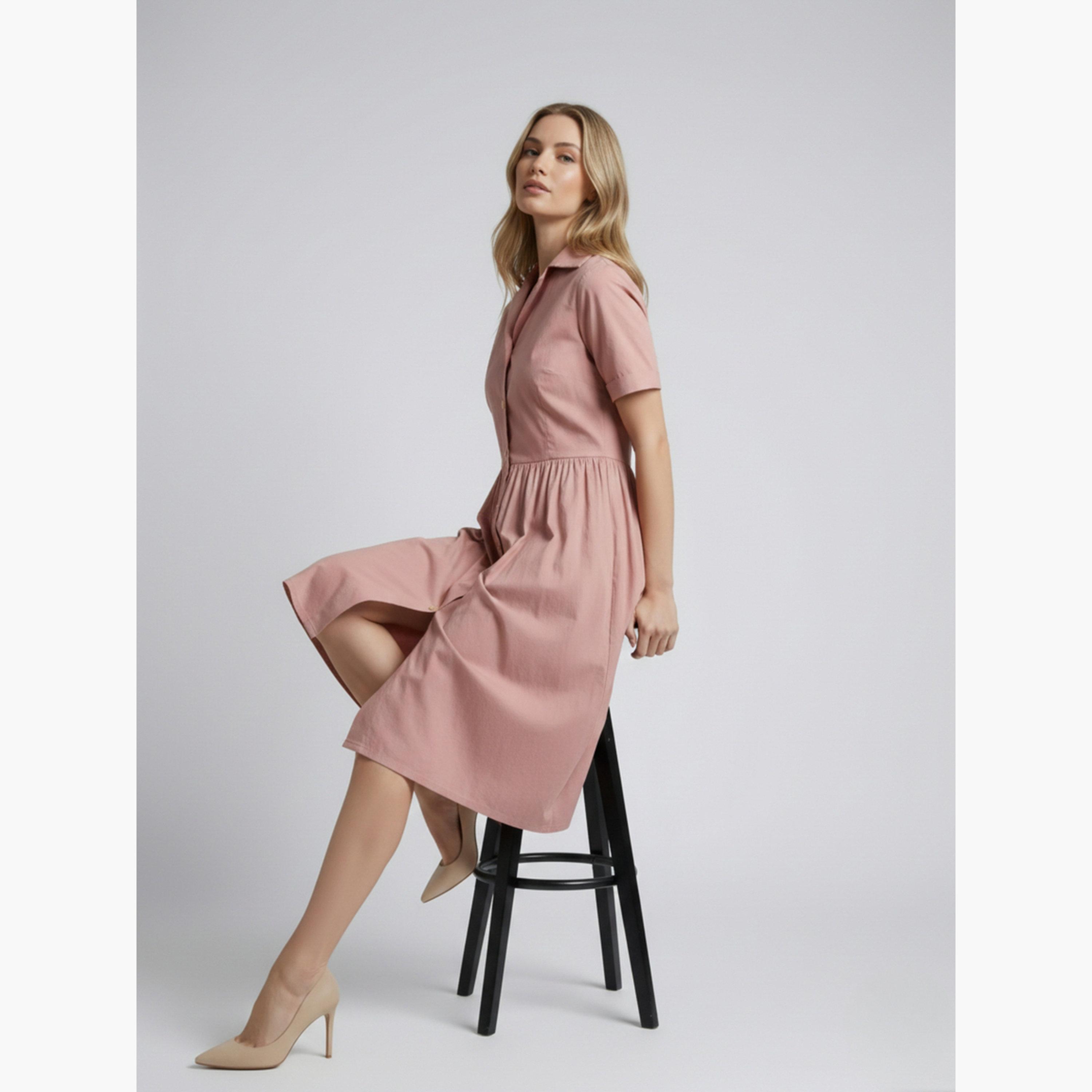 HOUSE OF RAELI X Styli Women Pink Cotton Poplin Midi Dress-women-clothing-dresses-image-3