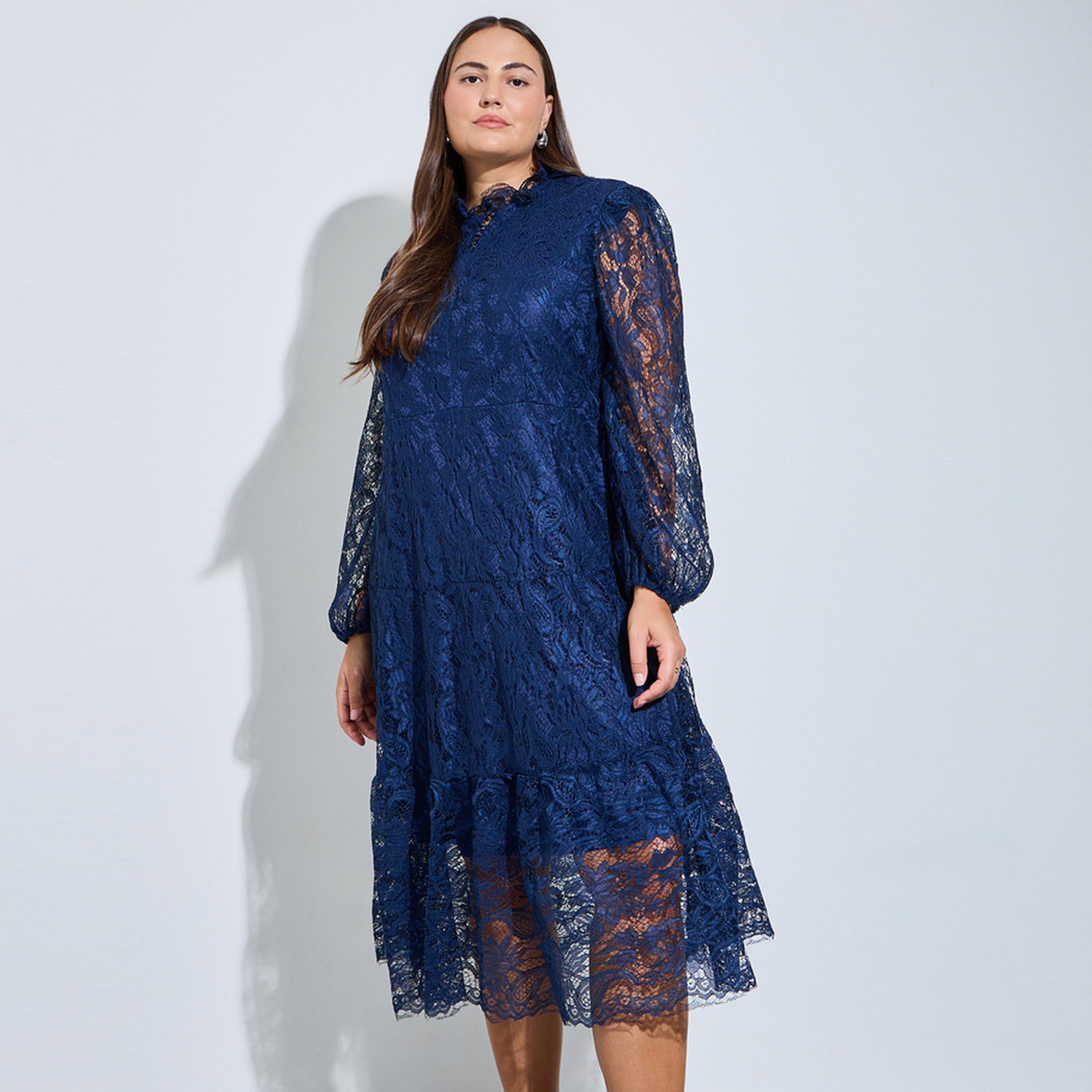 Styli Plus Size Nave Blue Lace Long Sleeves A-Line Midi Dress-women-clothing-dresses-image-1