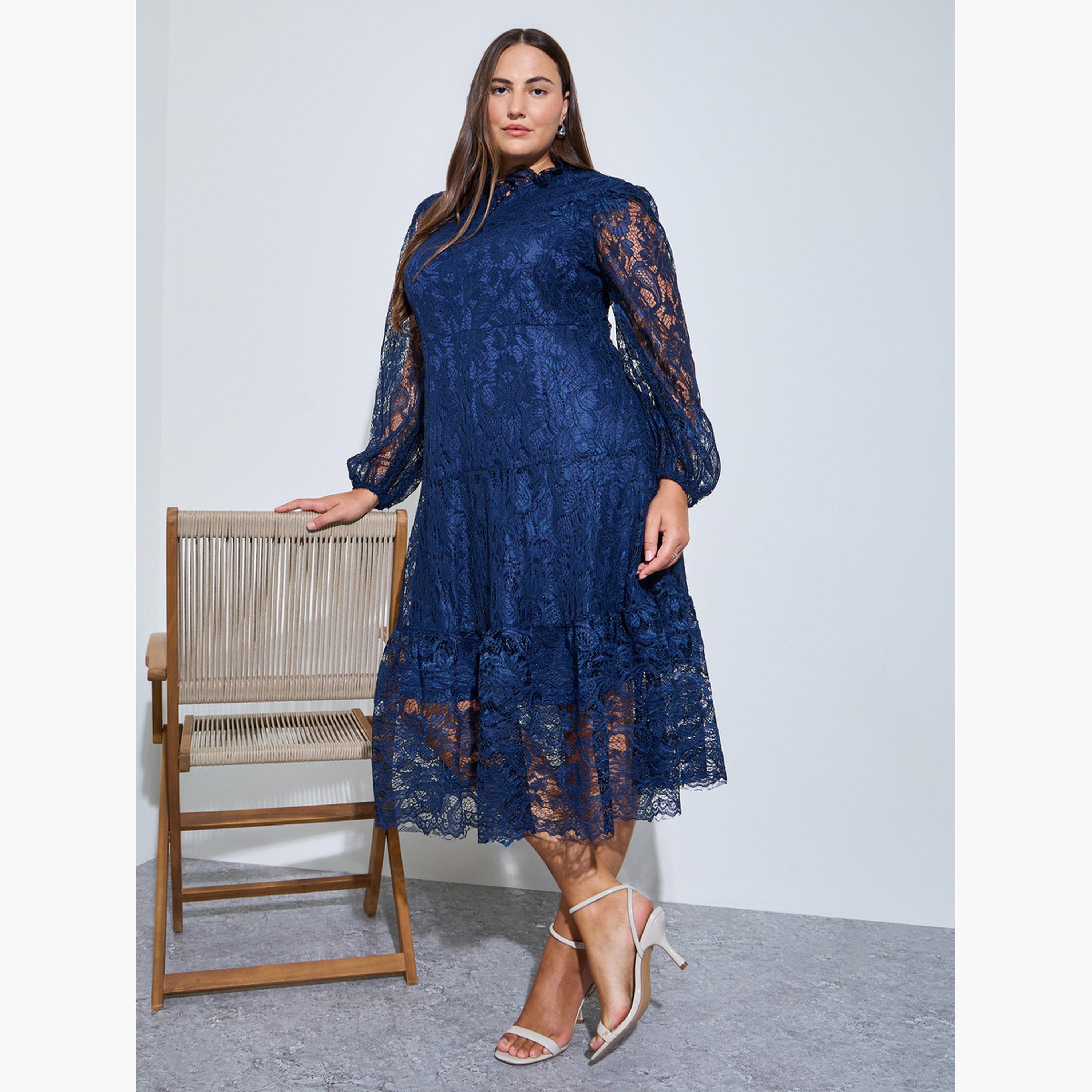 Styli Plus Size Nave Blue Lace Long Sleeves A-Line Midi Dress-women-clothing-dresses-image-2