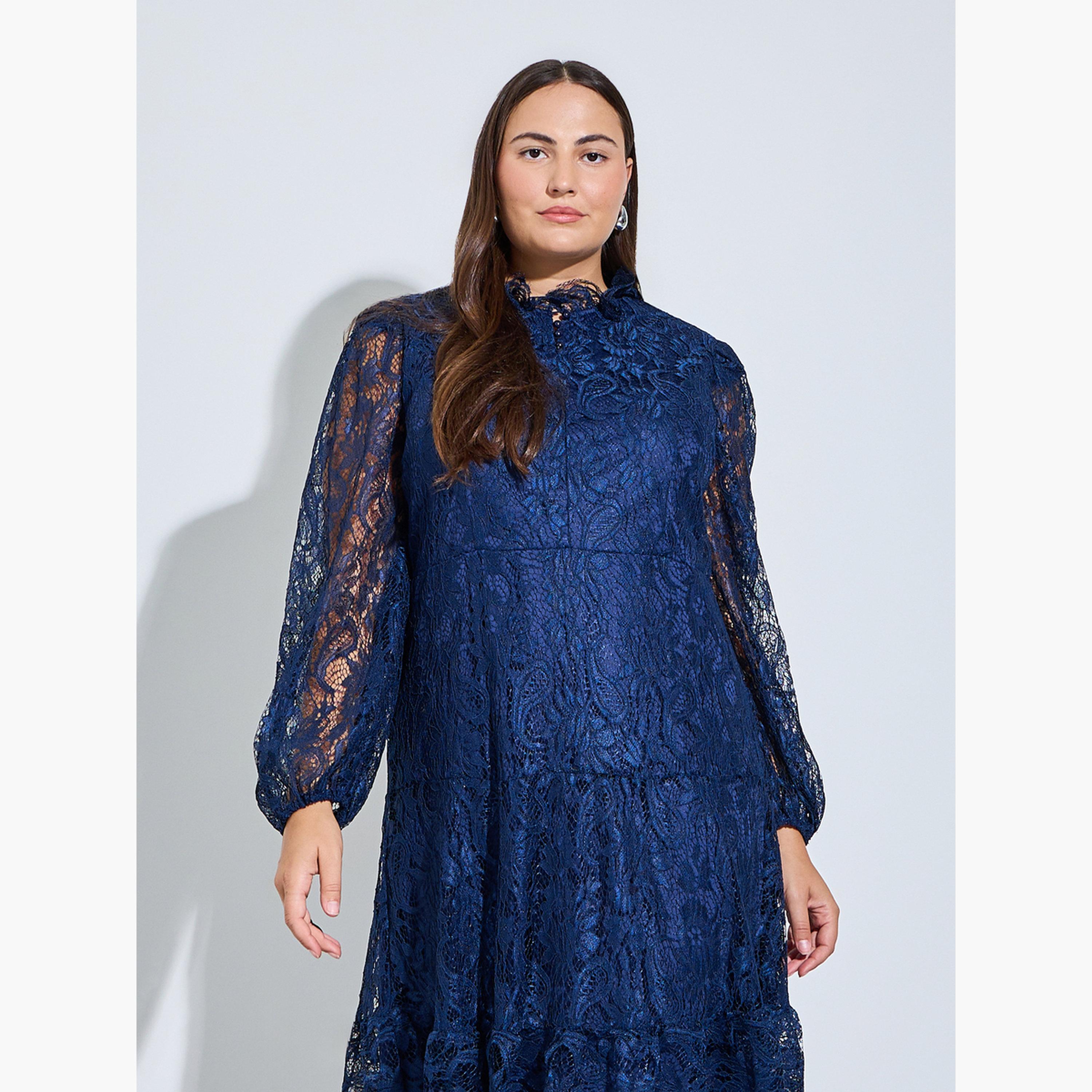 Styli Plus Size Nave Blue Lace Long Sleeves A-Line Midi Dress-women-clothing-dresses-image-3