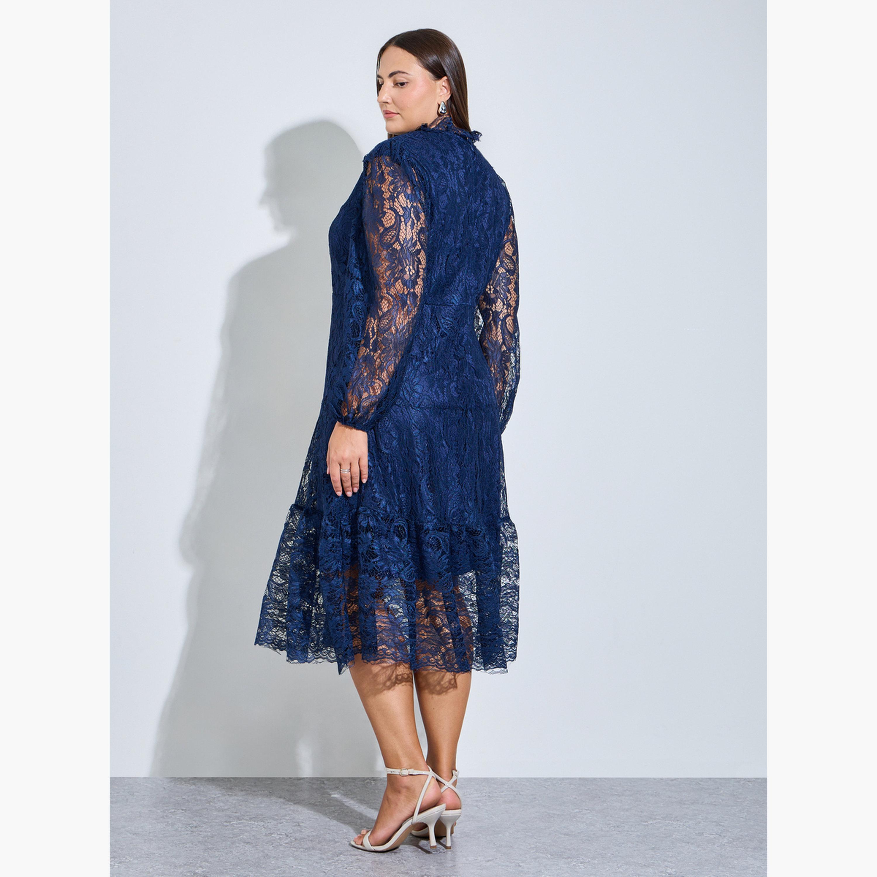 Styli Plus Size Nave Blue Lace Long Sleeves A-Line Midi Dress-women-clothing-dresses-image-4