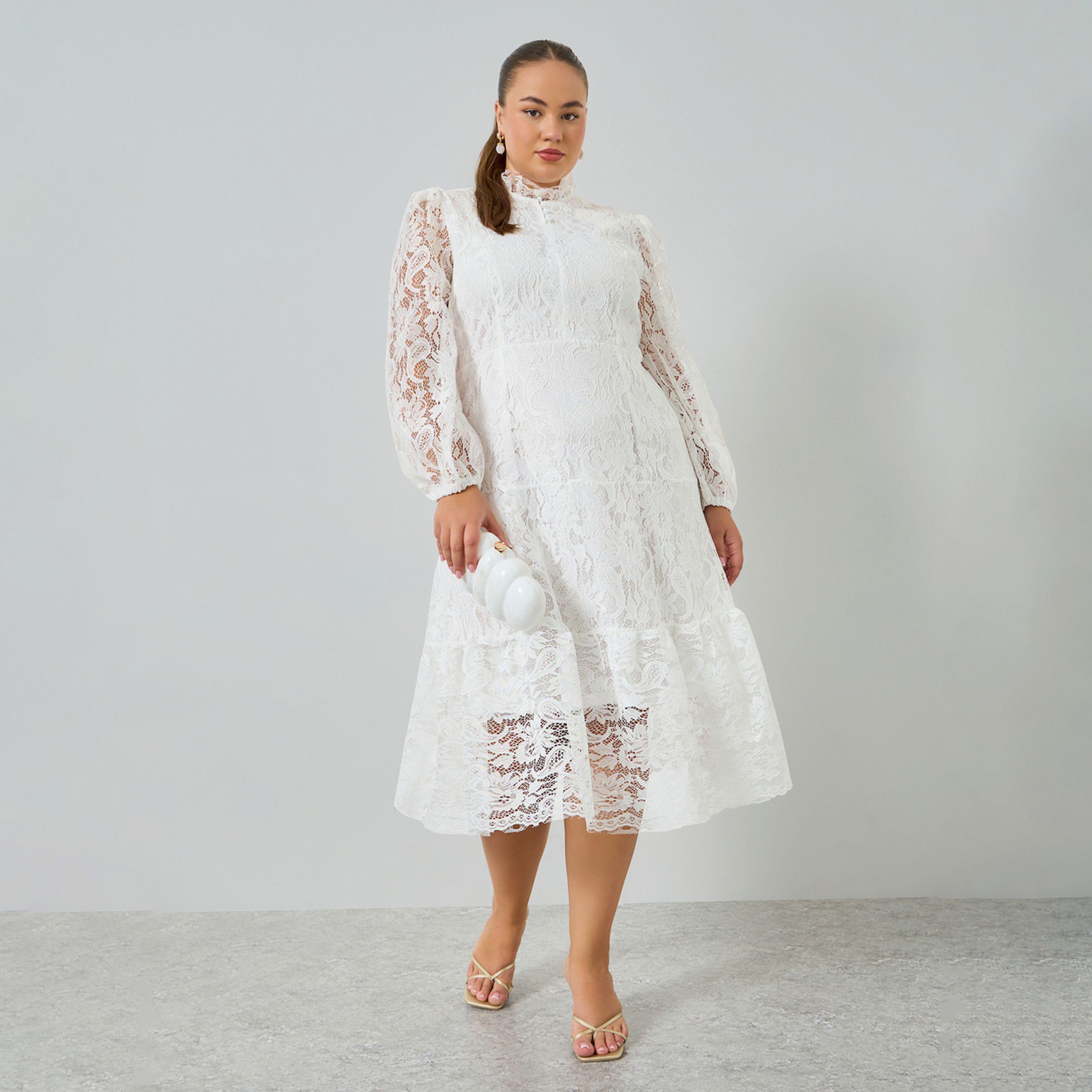 فستان ميدي مقاس كبير دانتيل بأكمام طويلة وحافة واسعة-women-clothing-dresses-image-1