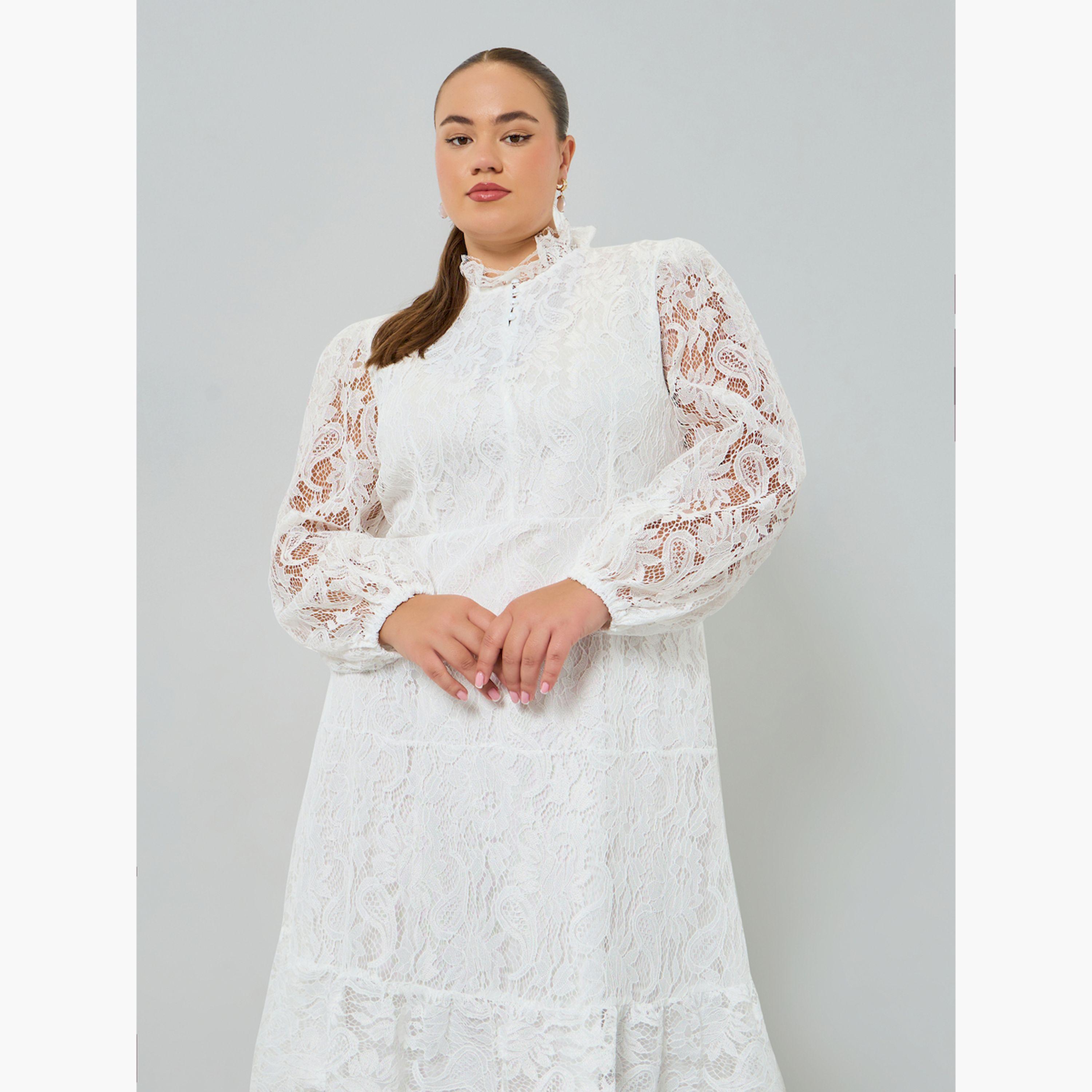 Styli Plus Size White Lace Long Sleeves A-Line Midi Dress-women-clothing-dresses-image-2