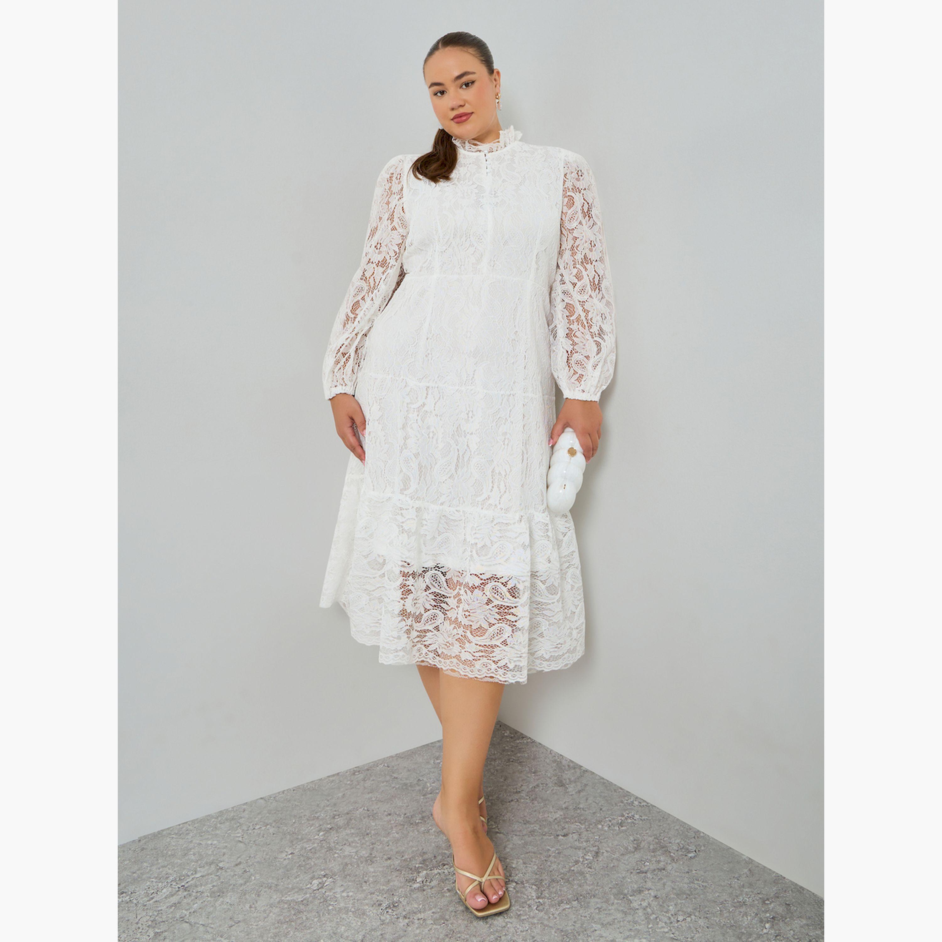 Styli Plus Size White Lace Long Sleeves A-Line Midi Dress-women-clothing-dresses-image-3