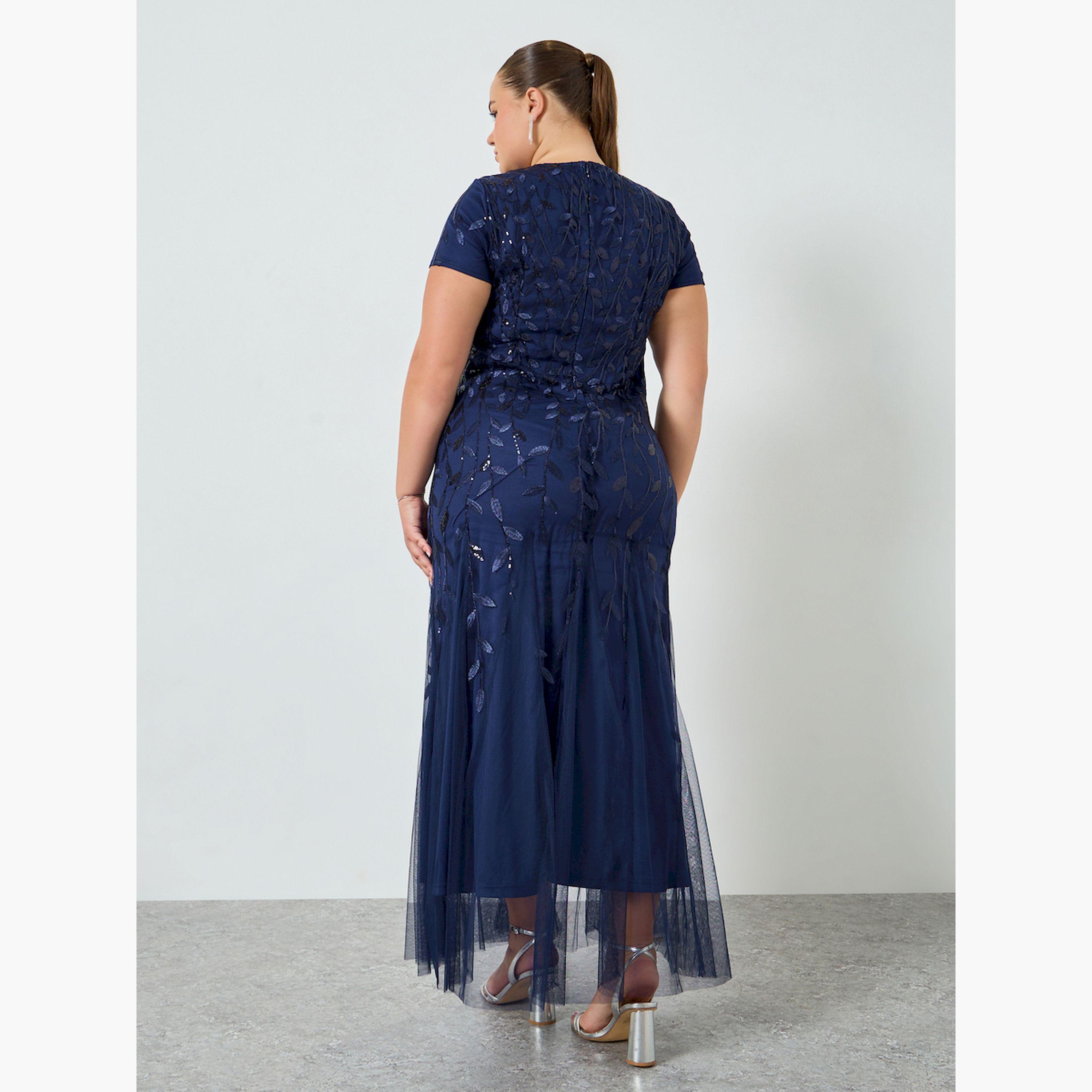 Styli Plus Size Navy Blue Embellished A-Line Maxi Dress-women-clothing-dresses-image-4