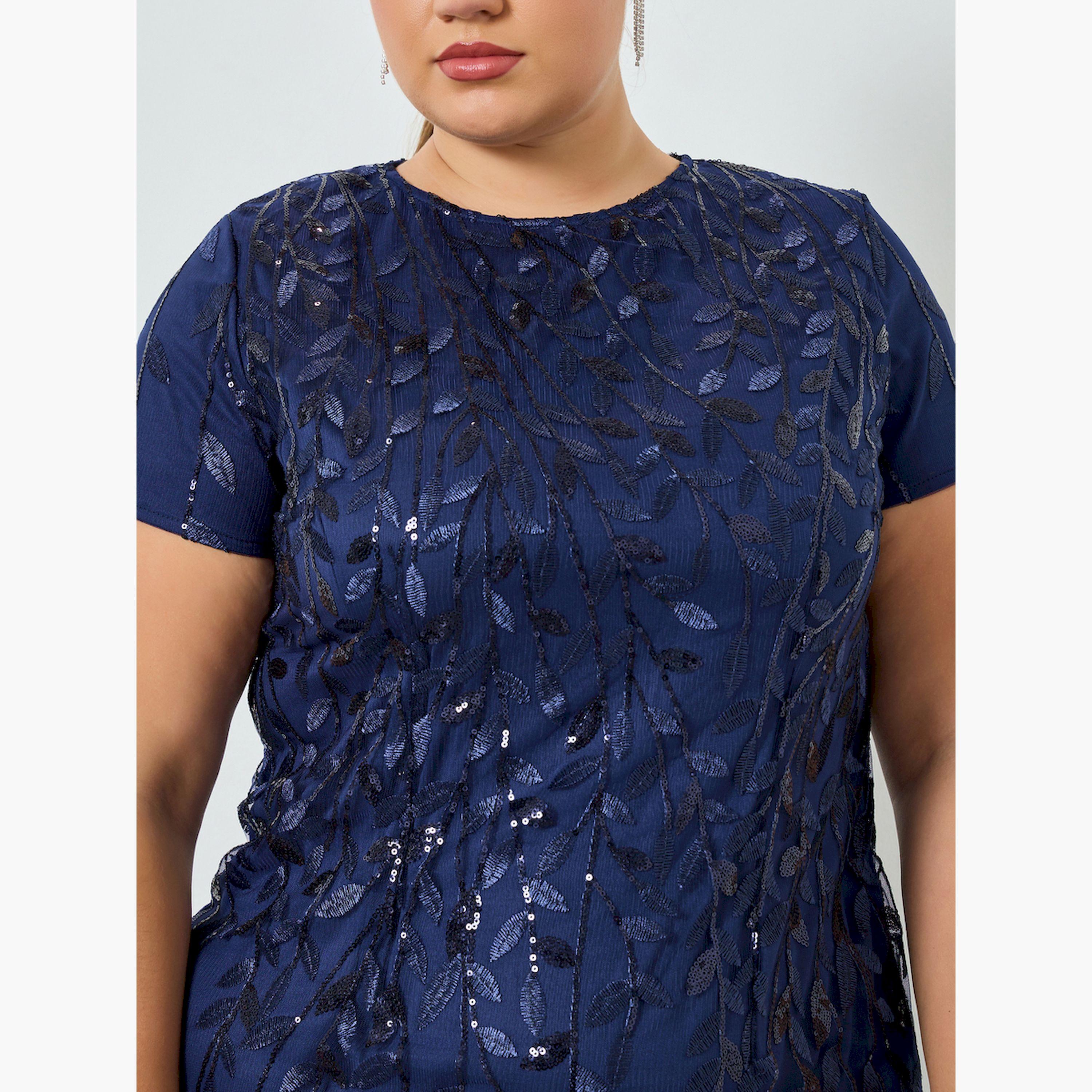 Styli Plus Size Navy Blue Embellished A-Line Maxi Dress-women-clothing-dresses-image-5