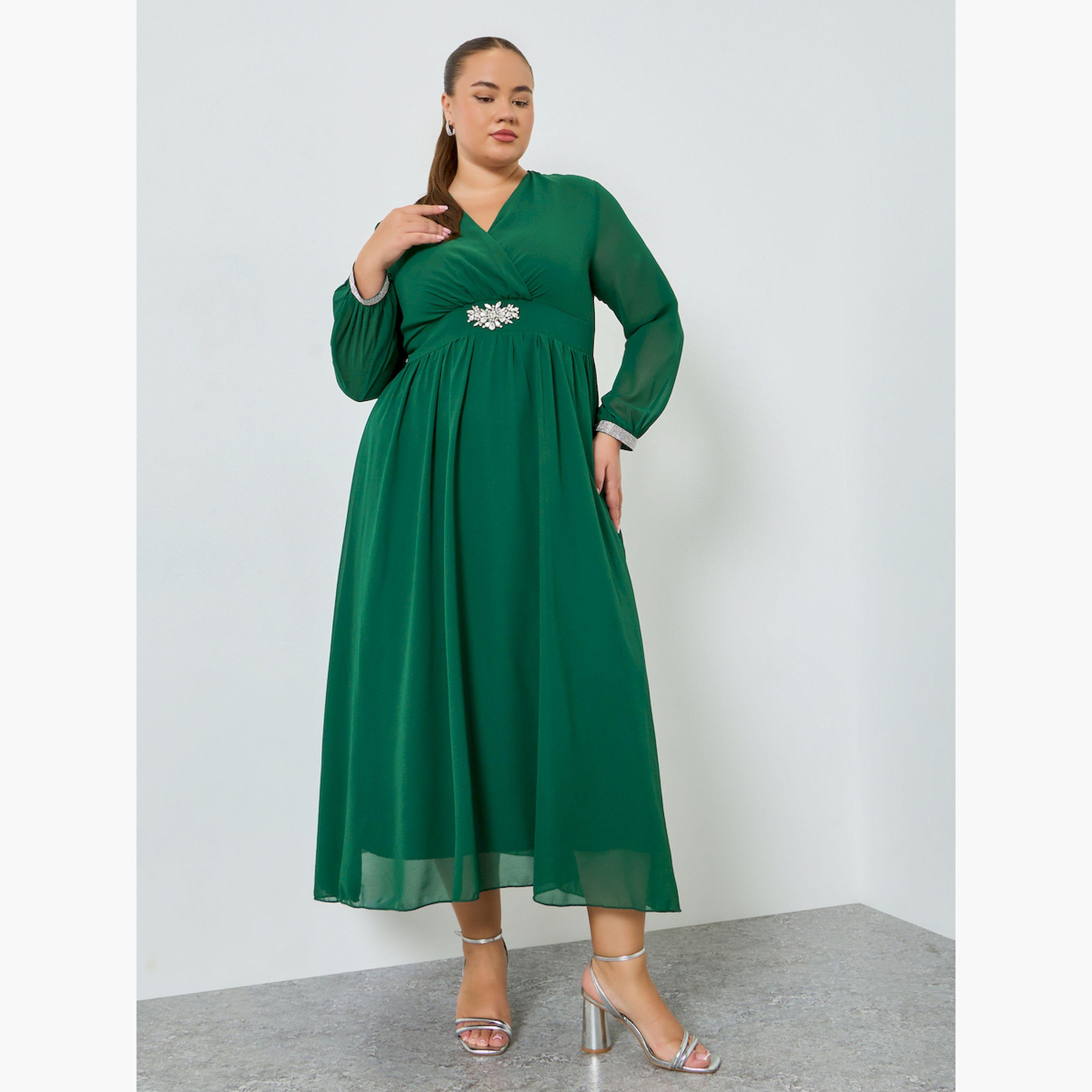 Styli Plus Size Green Long Sleeves A-Line Maxi Dress-women-clothing-dresses-image-1