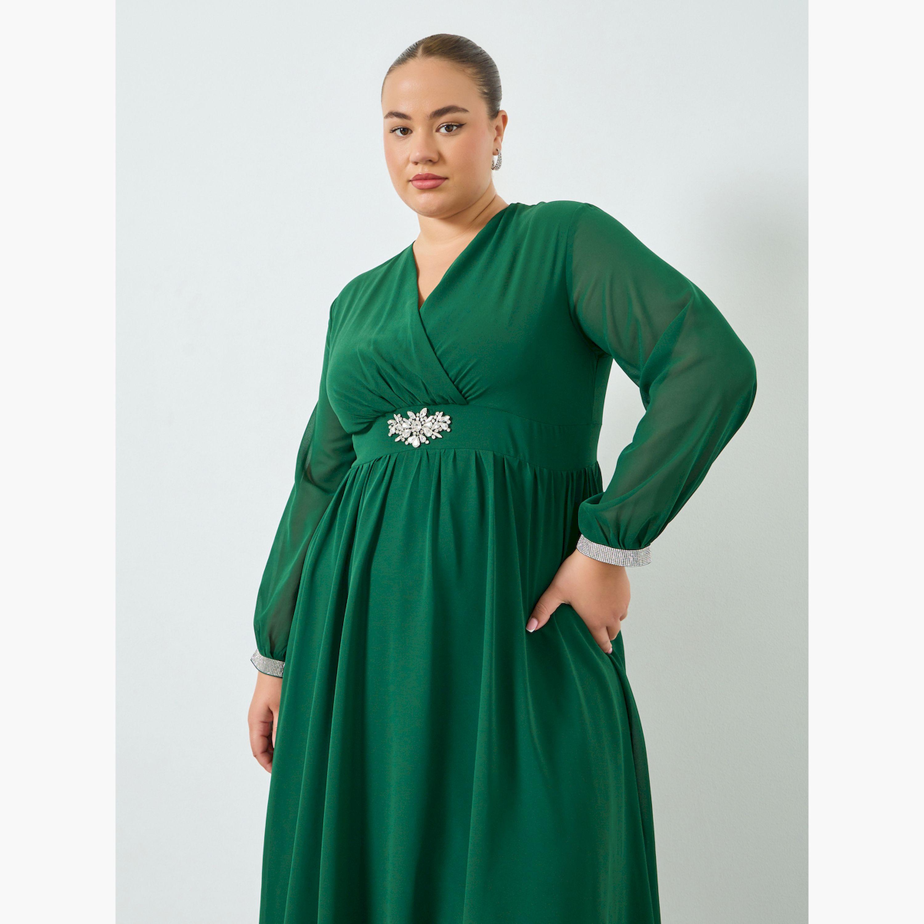 فستان ماكسي بأكمام طويلة وحافة واسعة بمقاس كبير-women-clothing-dresses-image-2