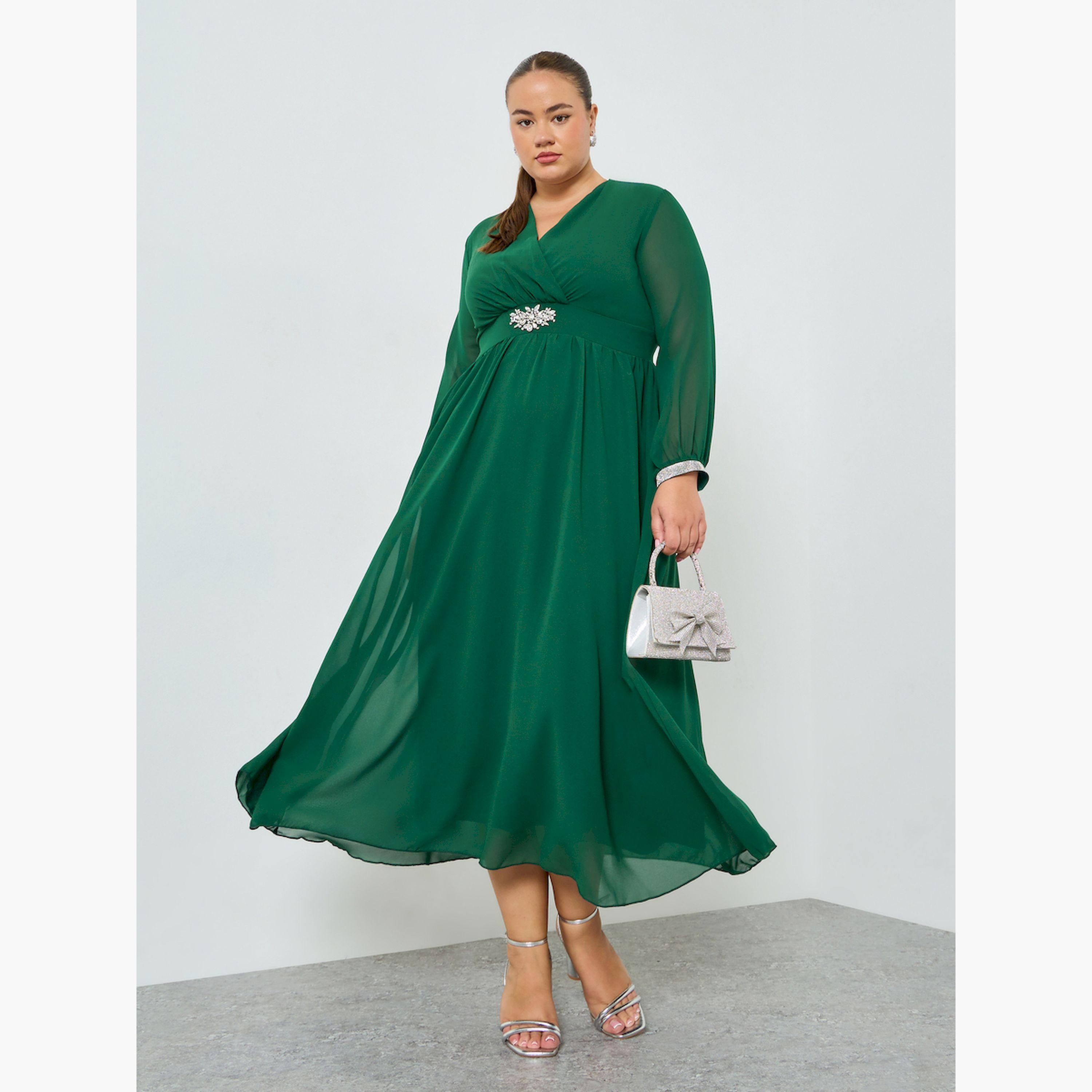فستان ماكسي بأكمام طويلة وحافة واسعة بمقاس كبير-women-clothing-dresses-image-3