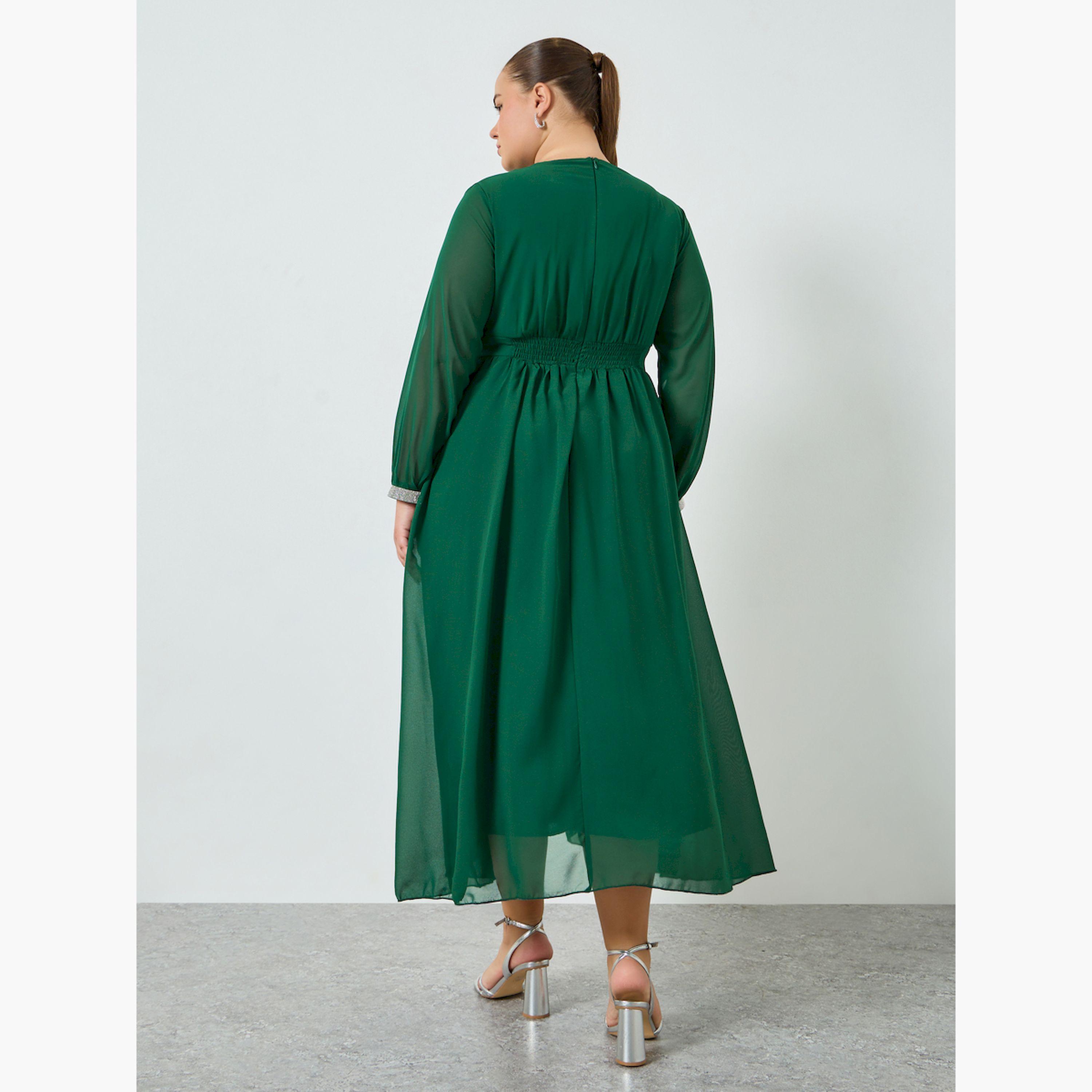Styli Plus Size Green Long Sleeves A-Line Maxi Dress-women-clothing-dresses-image-4