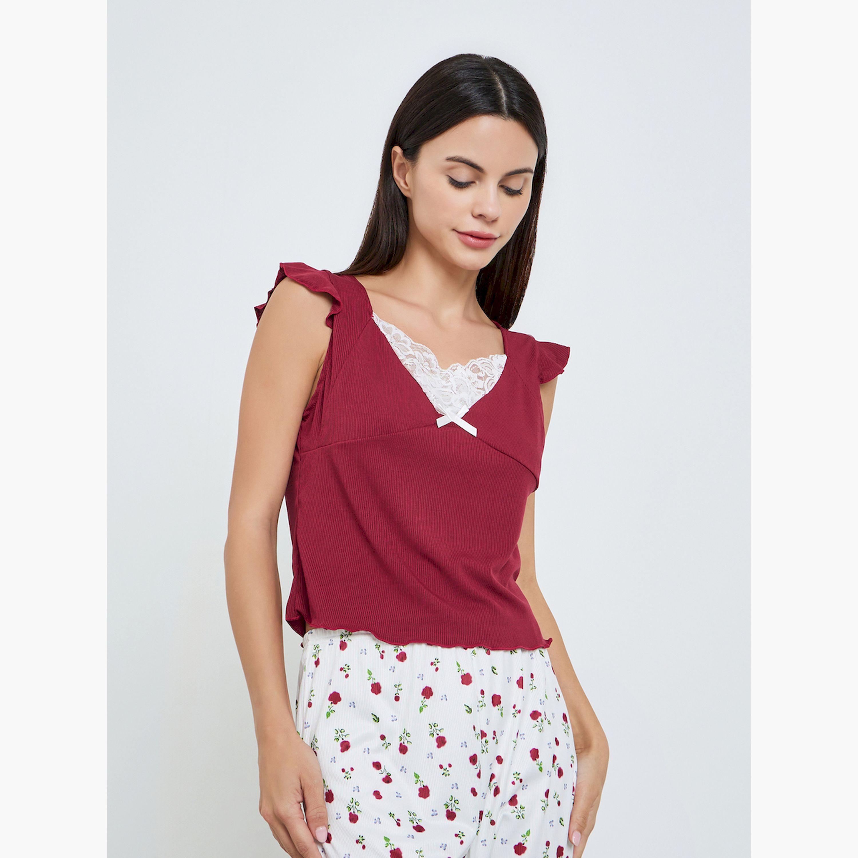 طقم بيجاما مطبوع وبلوزة بياقة دانتيل وتفاصيل مُتباينة-women-clothing-nightwear-pyjamas-longsets-image-3