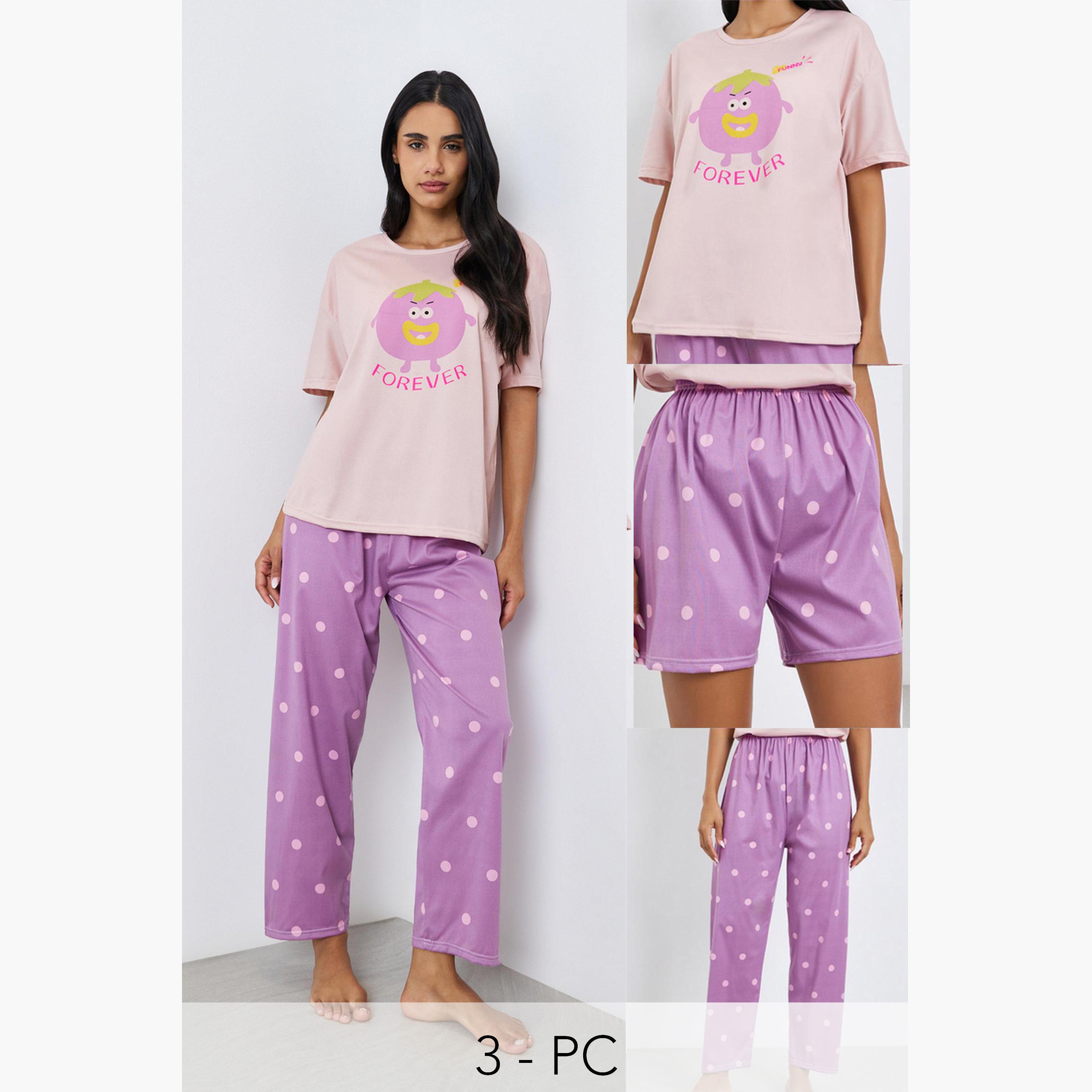 Styli Pack of 3 - Women Printed T-Shirt and Shorts with Pyjama Set-women-clothing-nightwear-pyjamas-longsets-image-1