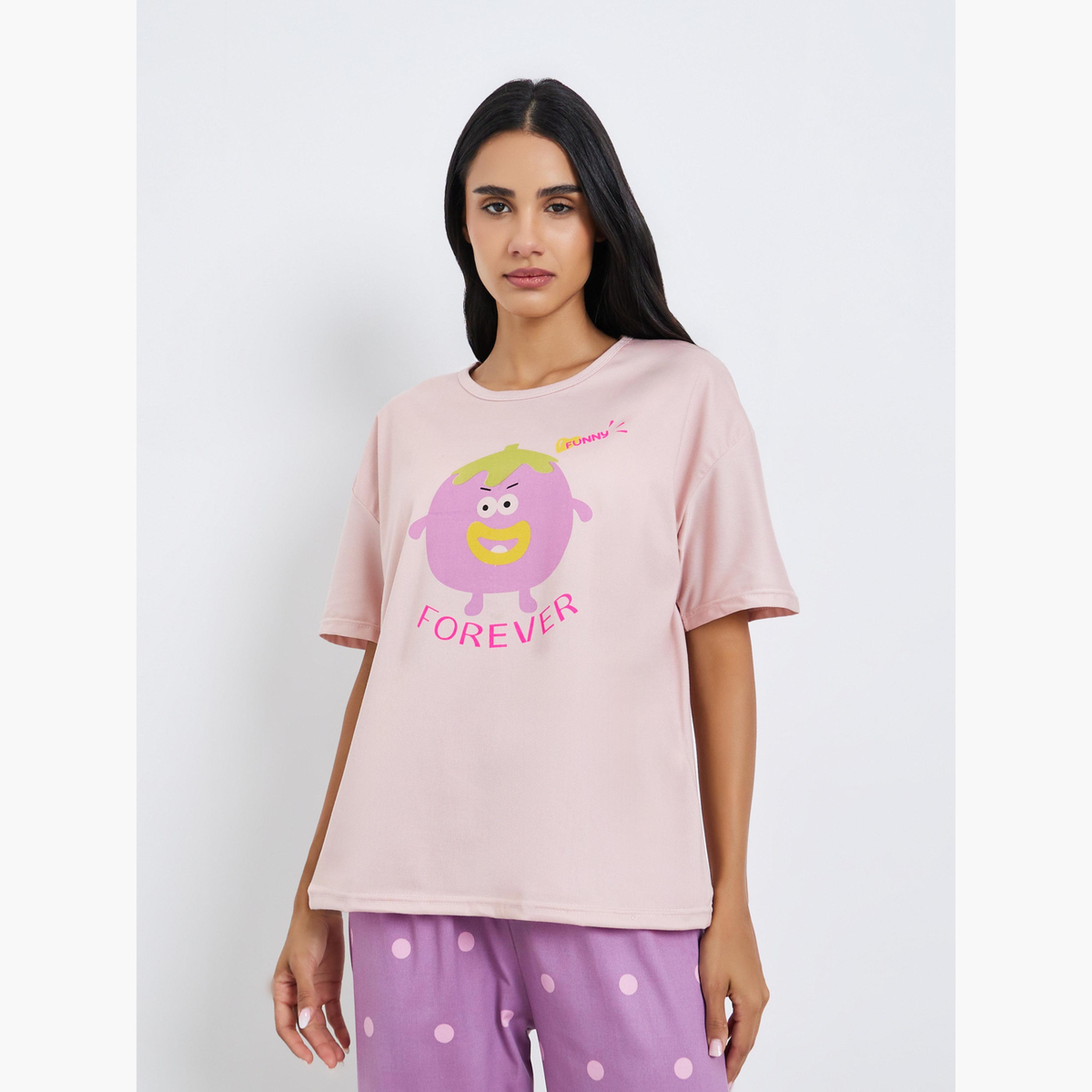 طقم 3 قطع تيشيرت مطبوع وشورت وبيجاما-women-clothing-nightwear-pyjamas-longsets-image-3