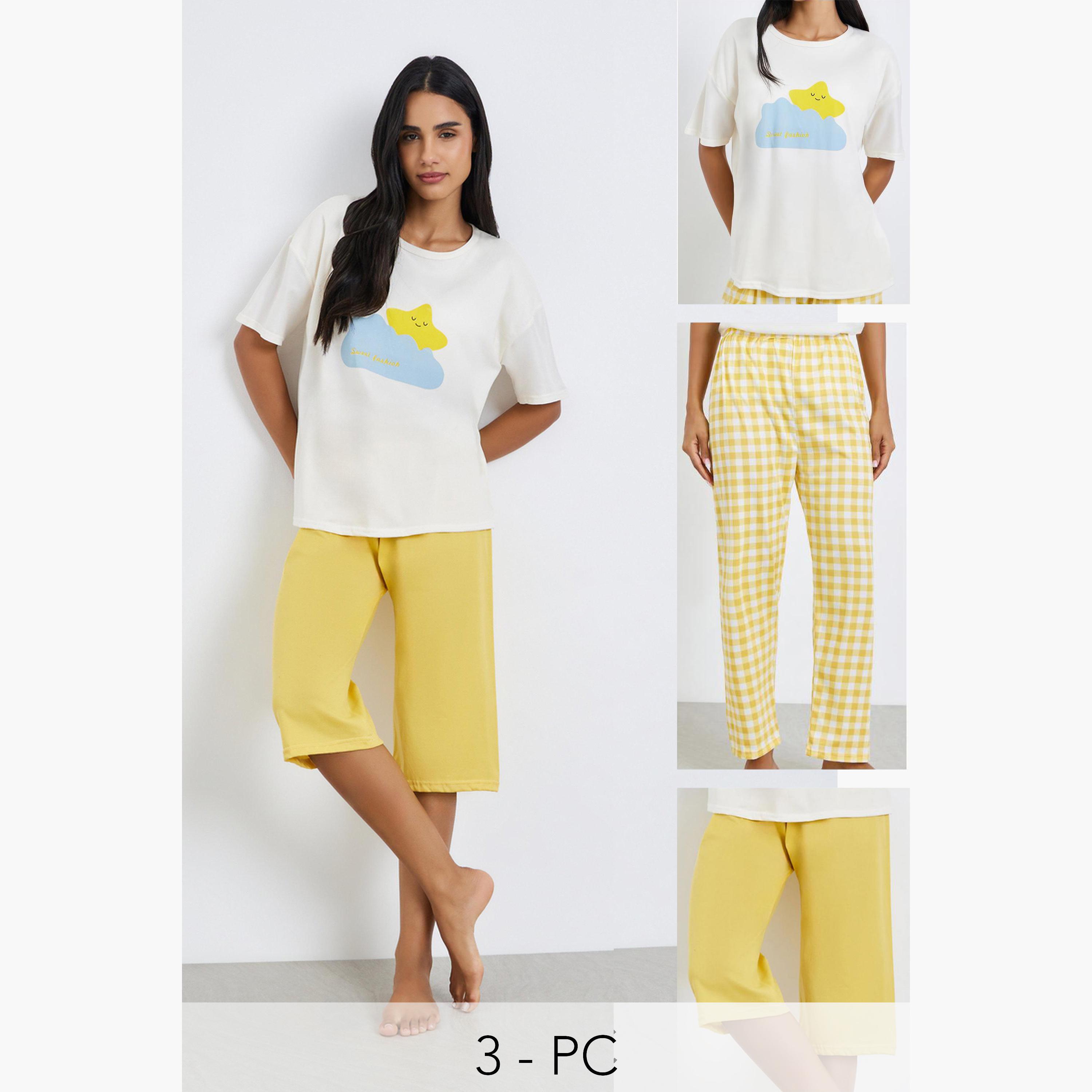 Styli Pack of 3 - Women Printed T-Shirt and Checked Shorts with Pyjama Set-women-clothing-nightwear-pyjamas-longsets-image-1