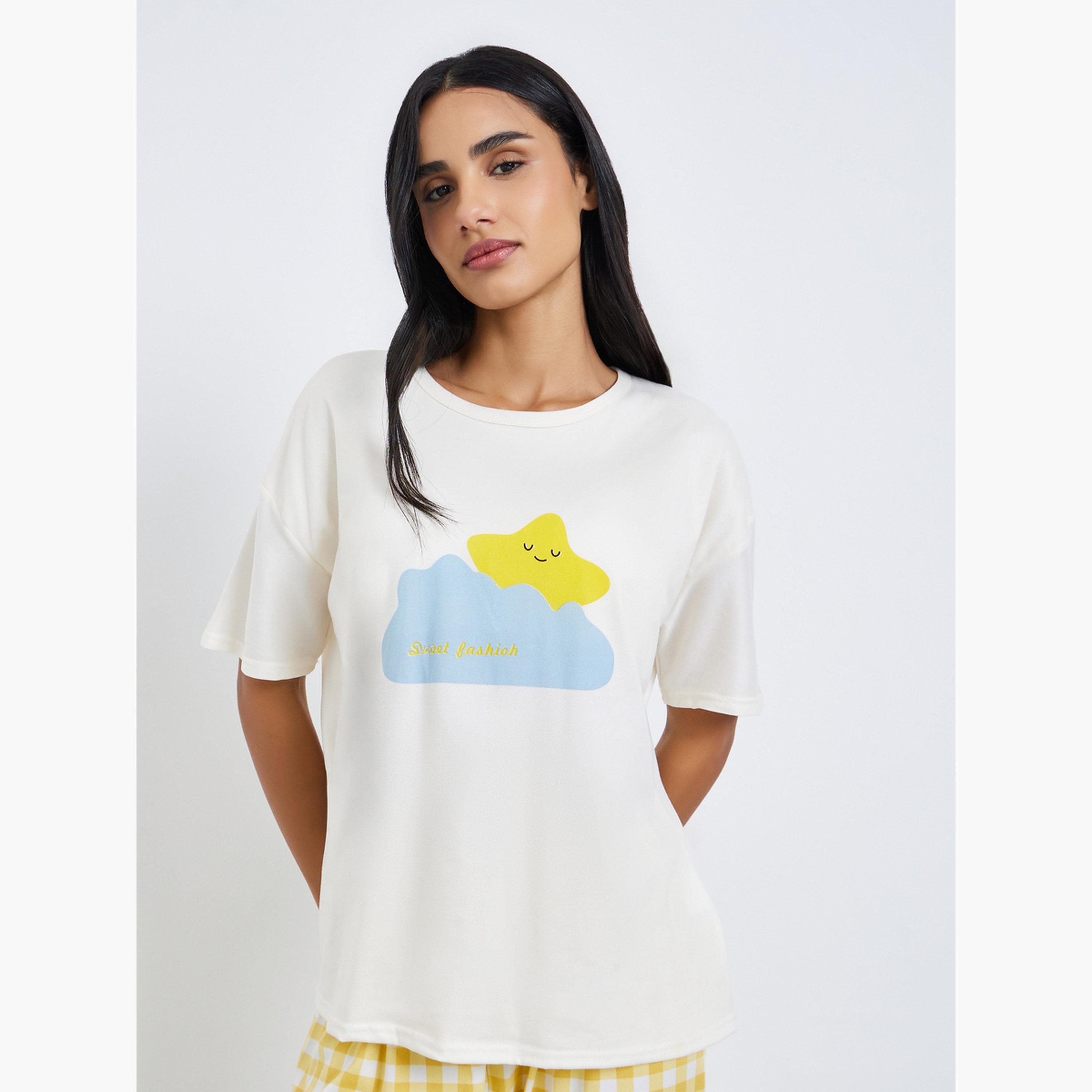Styli Pack of 3 - Women Printed T-Shirt and Checked Shorts with Pyjama Set-women-clothing-nightwear-pyjamas-longsets-image-3