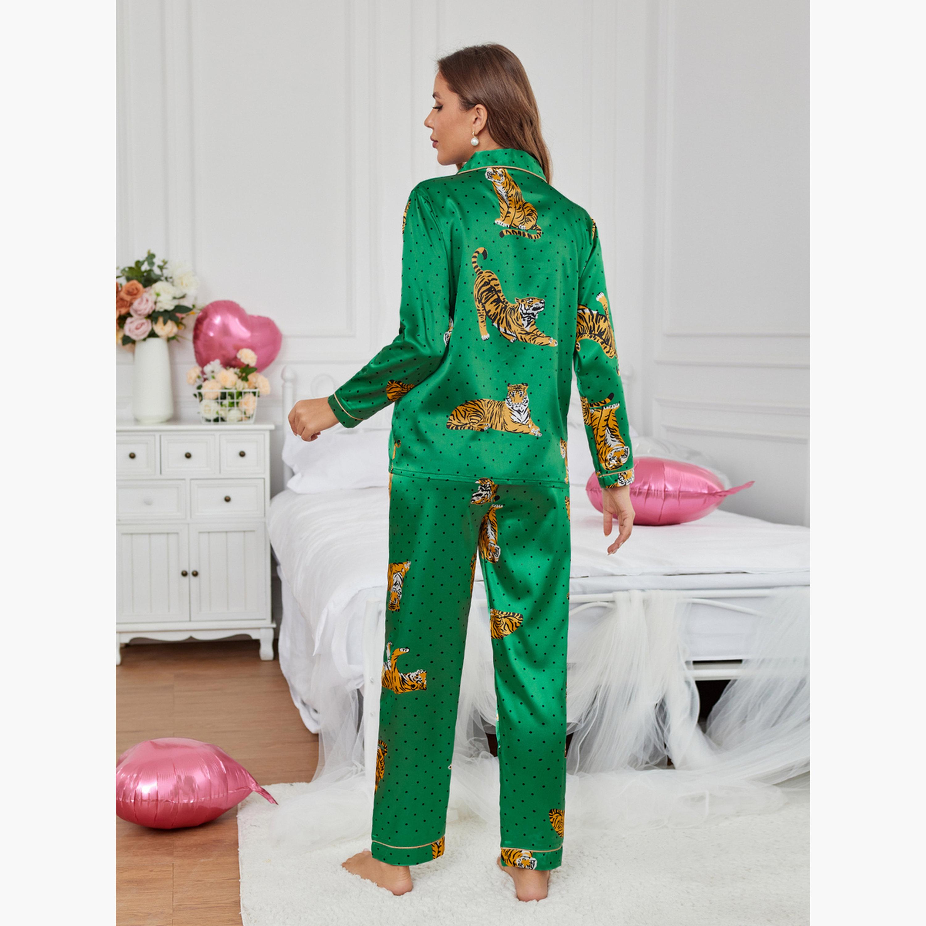 طقم بلوزة بأكمام طويلة وبنطال بيجاما بطبعة جرافيك للنساء-women-clothing-nightwear-pyjamas-longsets-image-2