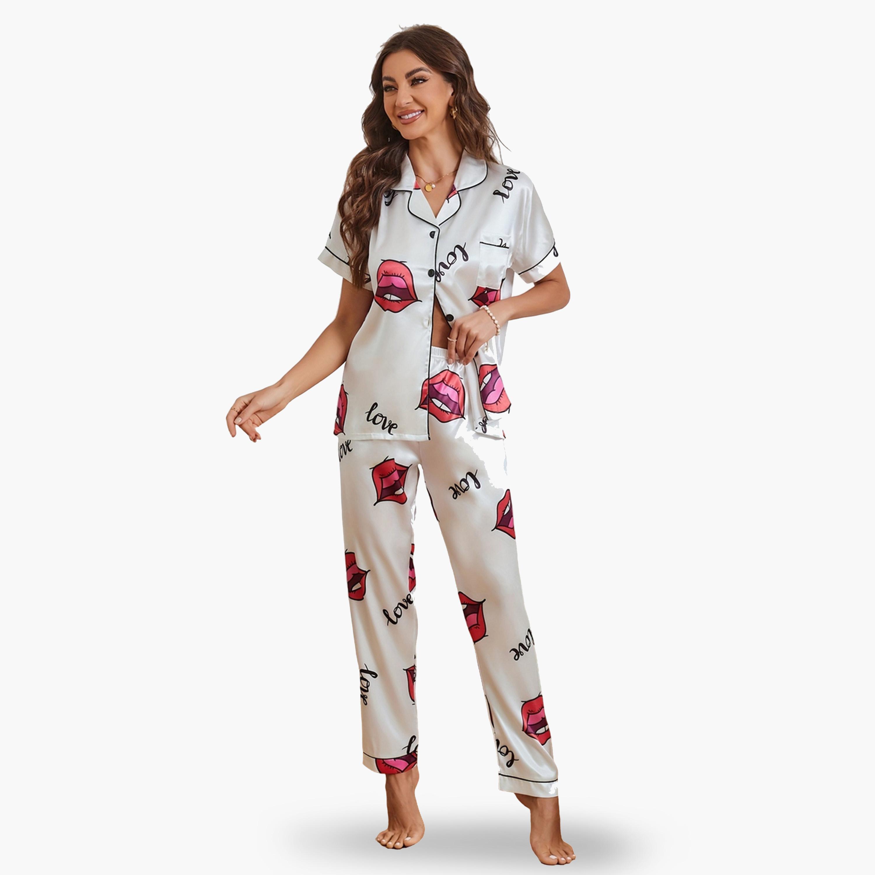 Take Two Women Graphic Print Short Sleeve Shirt and Pyjama Set-women-clothing-nightwear-pyjamas-longsets-image-1