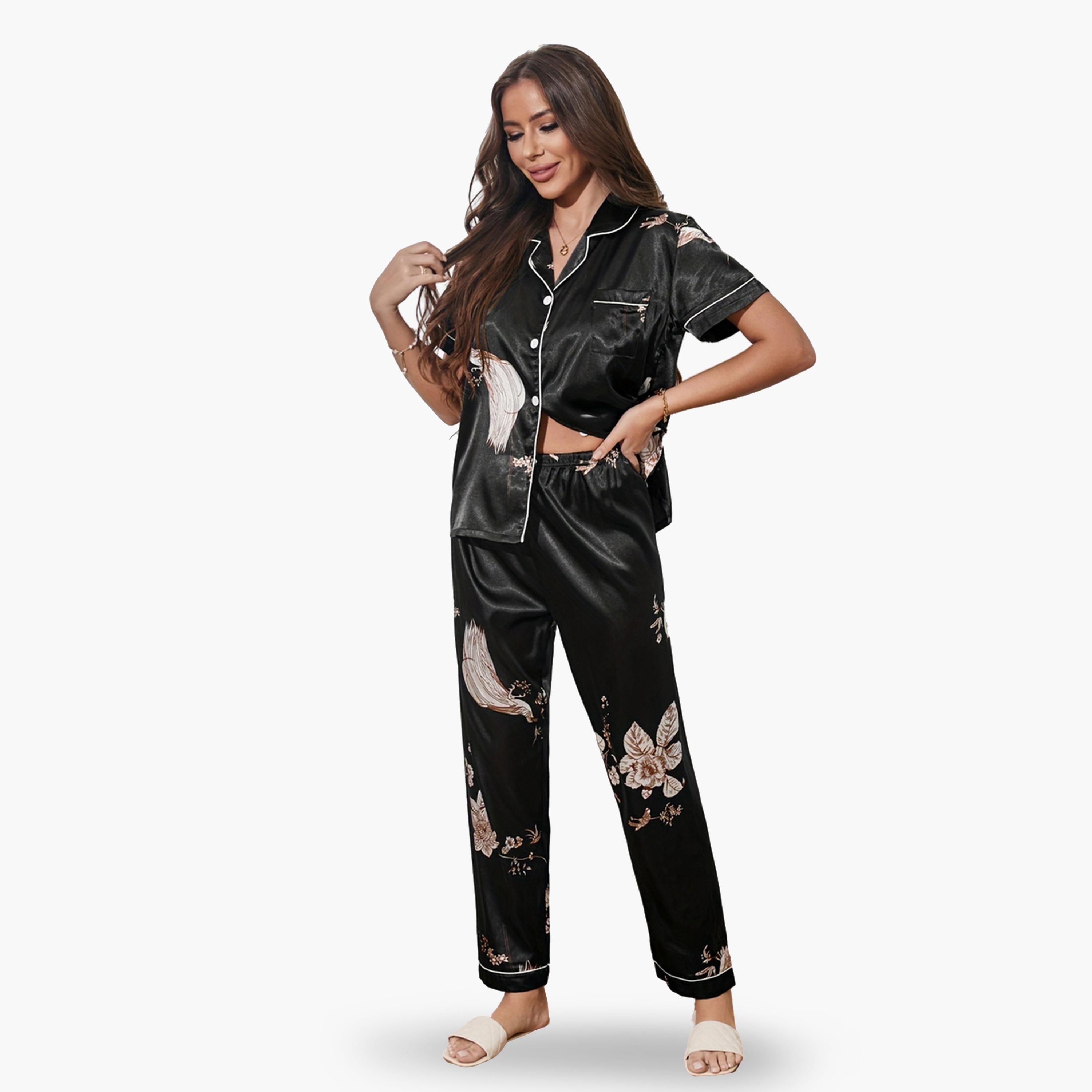 طقم قميص ساتان وبنطال بيجاما بطبعة جرافيك للنساء-women-clothing-nightwear-pyjamas-longsets-image-1