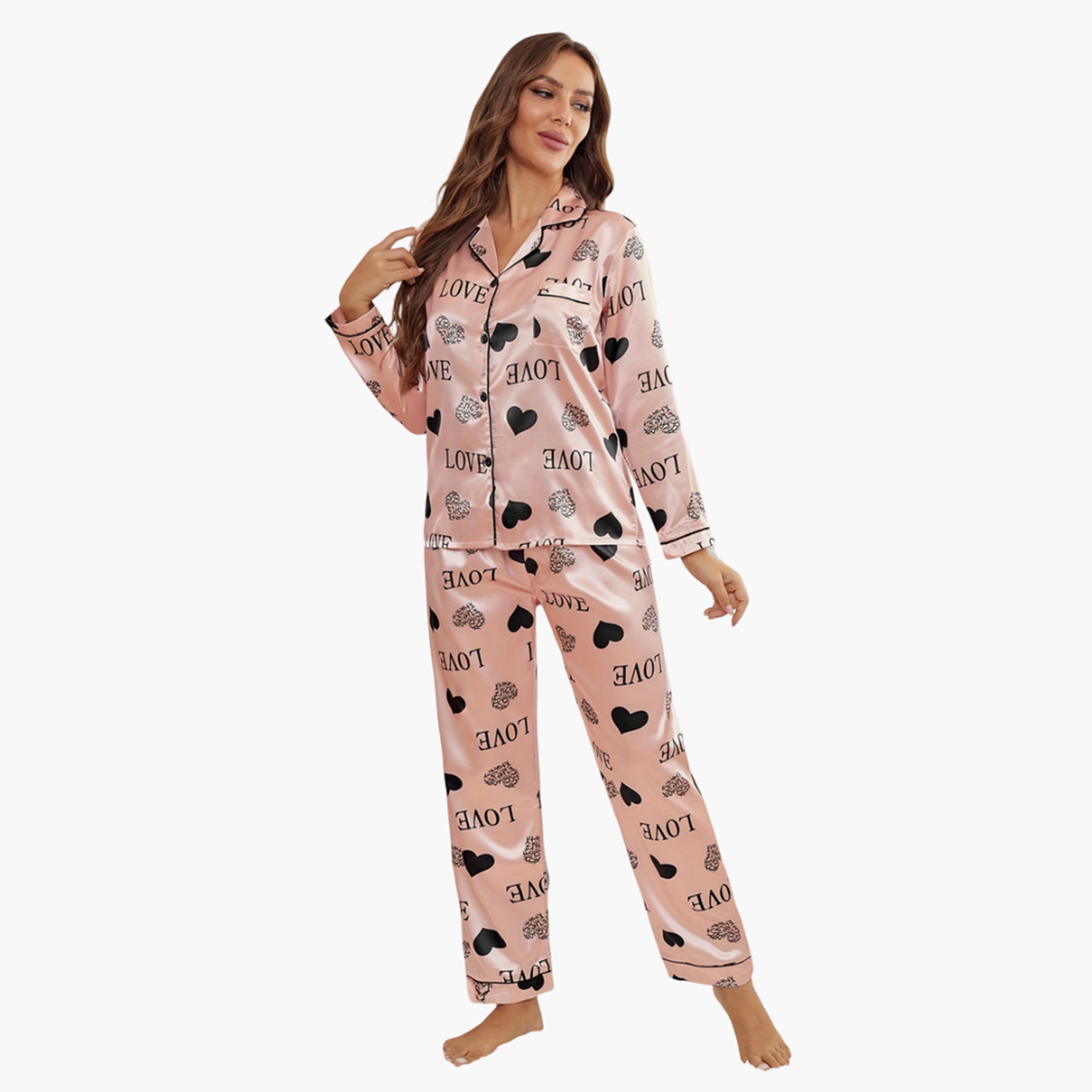 طقم قميص ساتان وبنطال بيجاما بطبعة جرافيك للنساء-women-clothing-nightwear-pyjamas-longsets-image-1