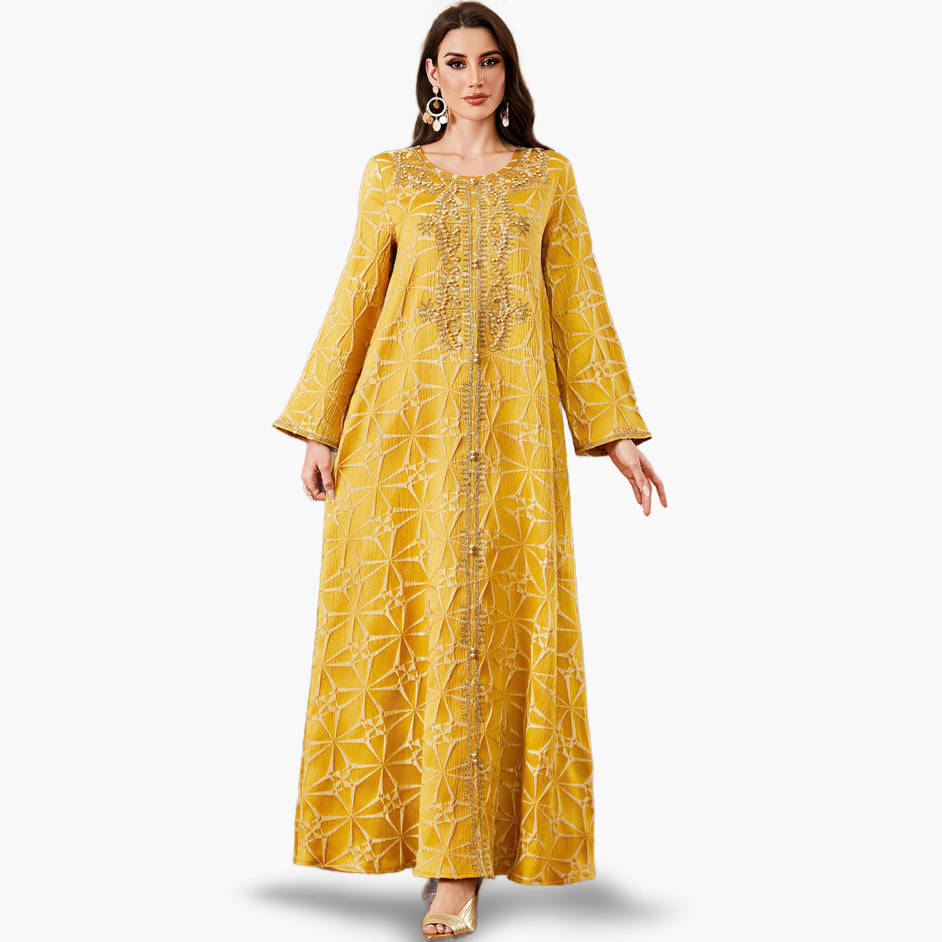 جلابية بتفاصيل لؤلؤ صناعي وقماش بتفاصيل بارزة الملمس لون أصفر-women-arabicclothing-jalabiyas-image-1