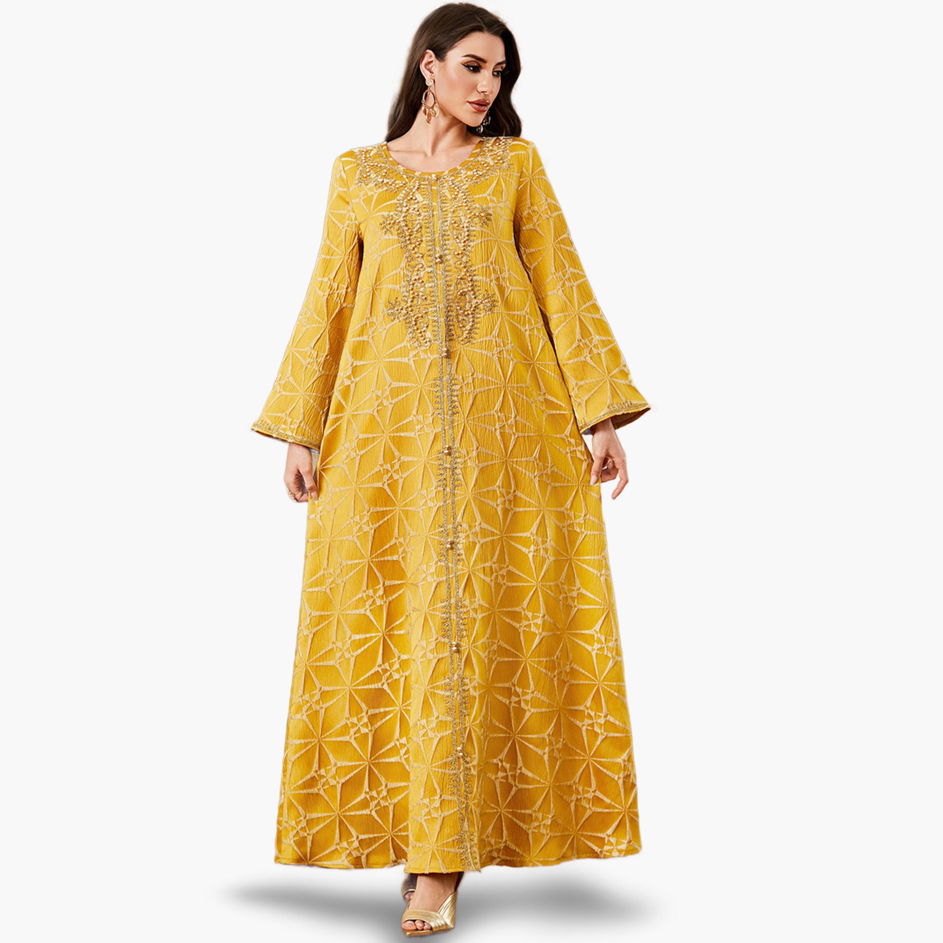 جلابية بتفاصيل لؤلؤ صناعي وقماش بتفاصيل بارزة الملمس لون أصفر-women-arabicclothing-jalabiyas-image-2