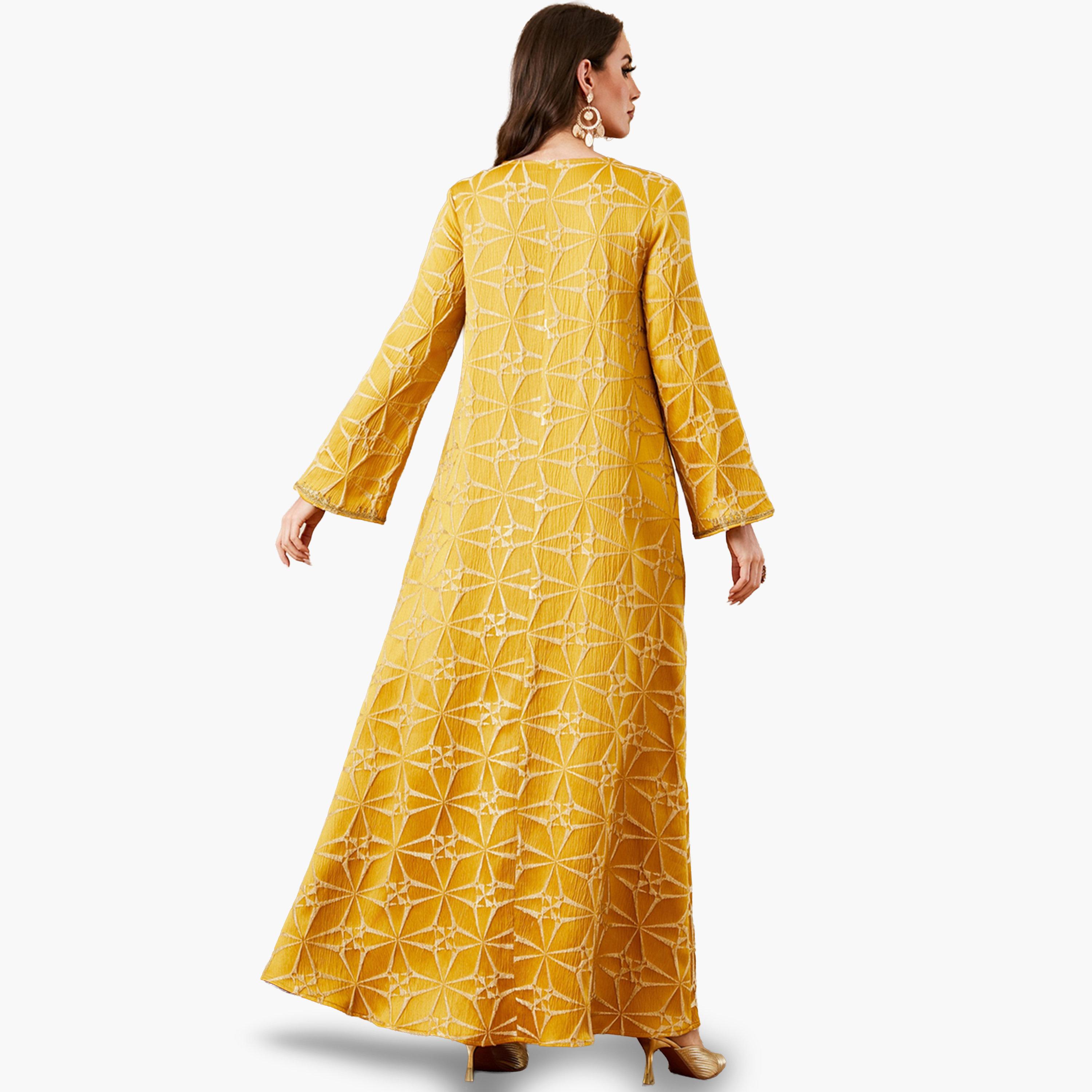 جلابية بتفاصيل لؤلؤ صناعي وقماش بتفاصيل بارزة الملمس لون أصفر-women-arabicclothing-jalabiyas-image-3