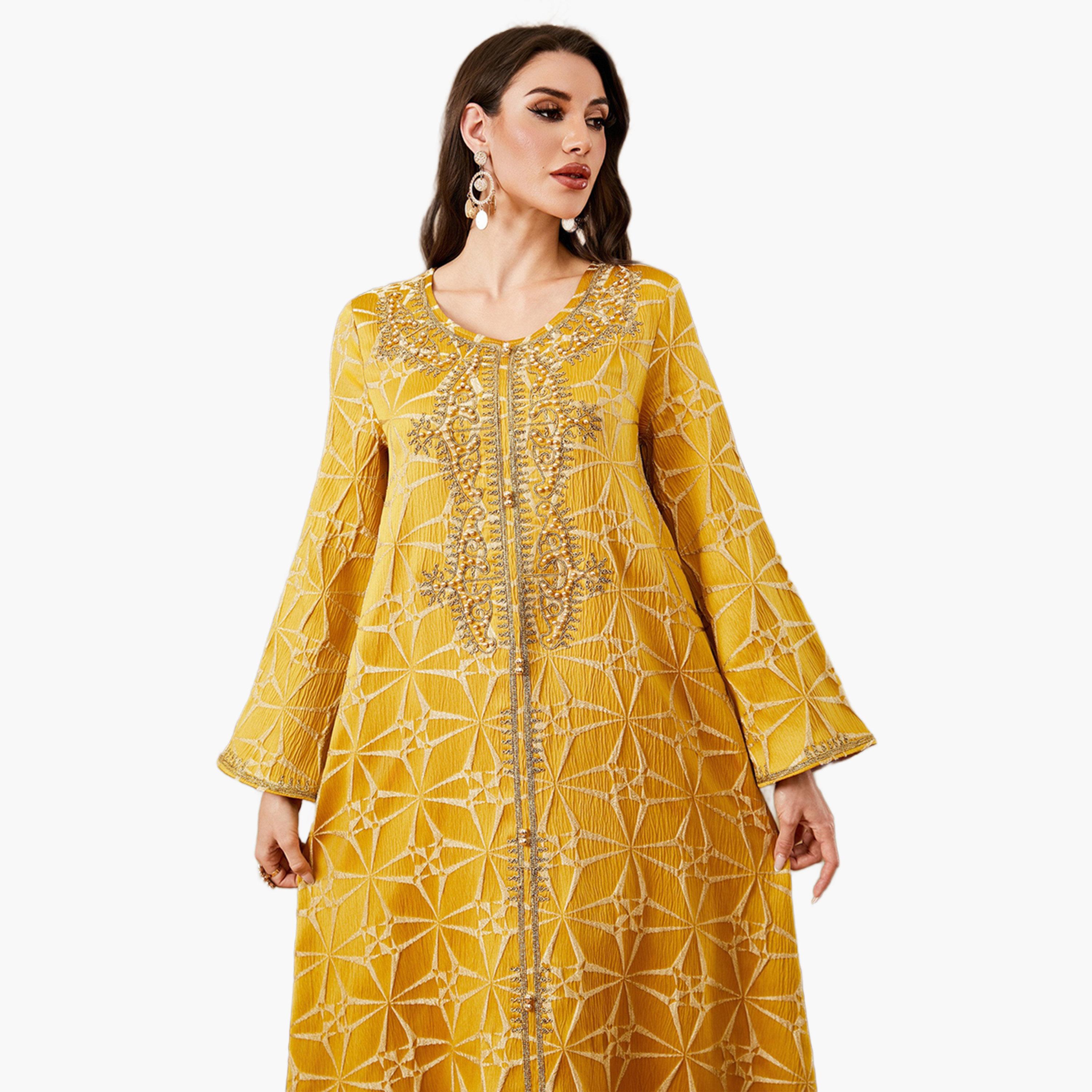 Take Two Yellow Texture Fabric Faux Pearl Detail Jalabiya-women-arabicclothing-jalabiyas-image-4