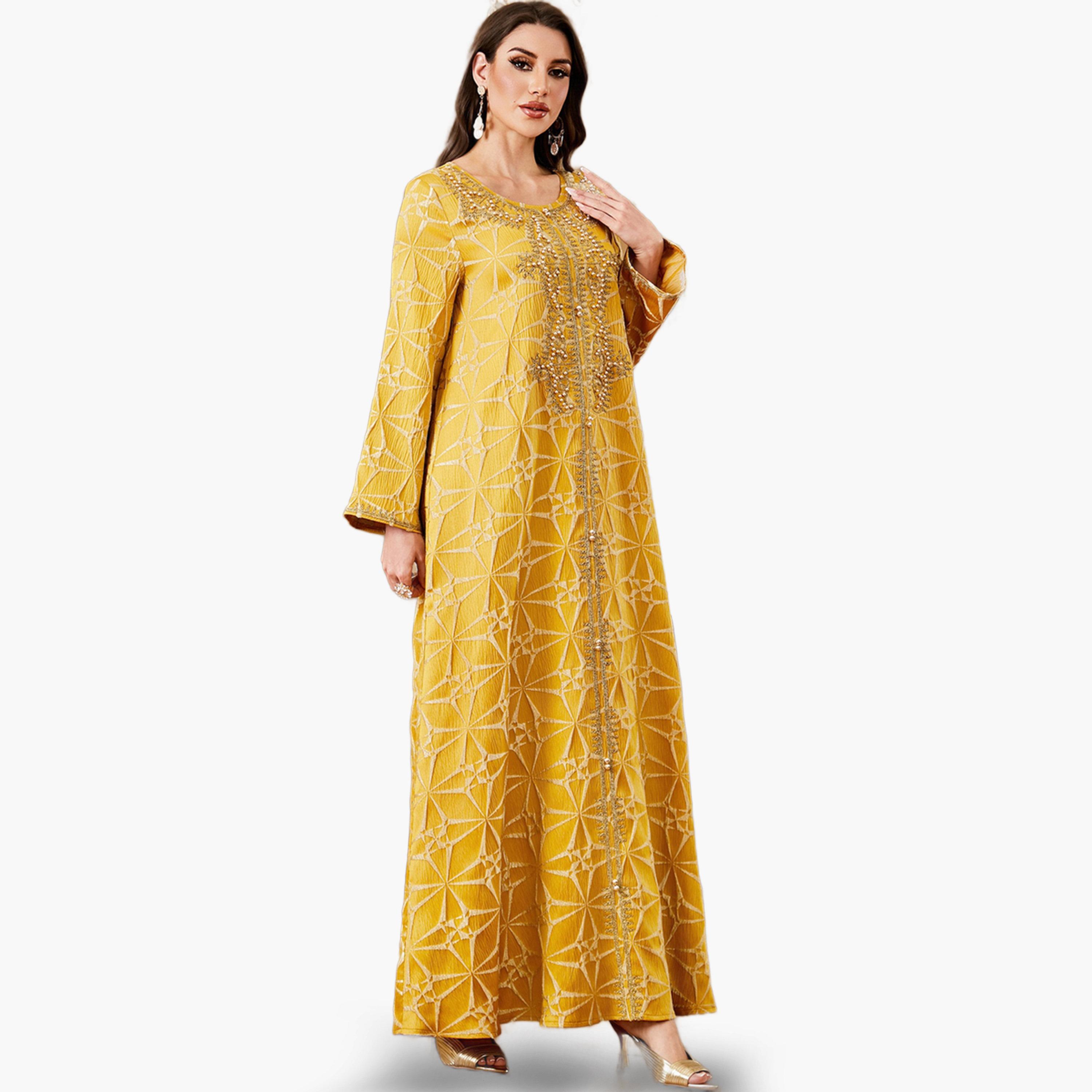 جلابية بتفاصيل لؤلؤ صناعي وقماش بتفاصيل بارزة الملمس لون أصفر-women-arabicclothing-jalabiyas-image-5